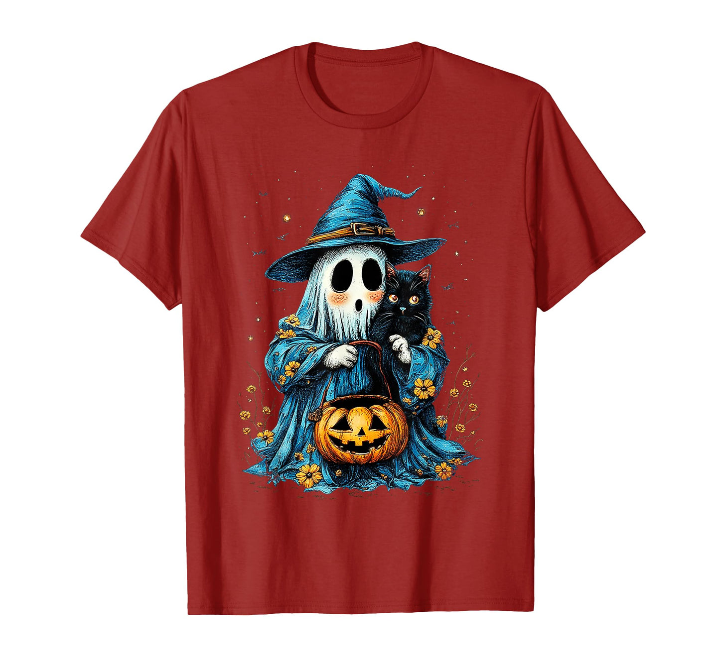 Ghost Holding Black Cat Lover Halloween 2025 Groovy Floral T-Shirt