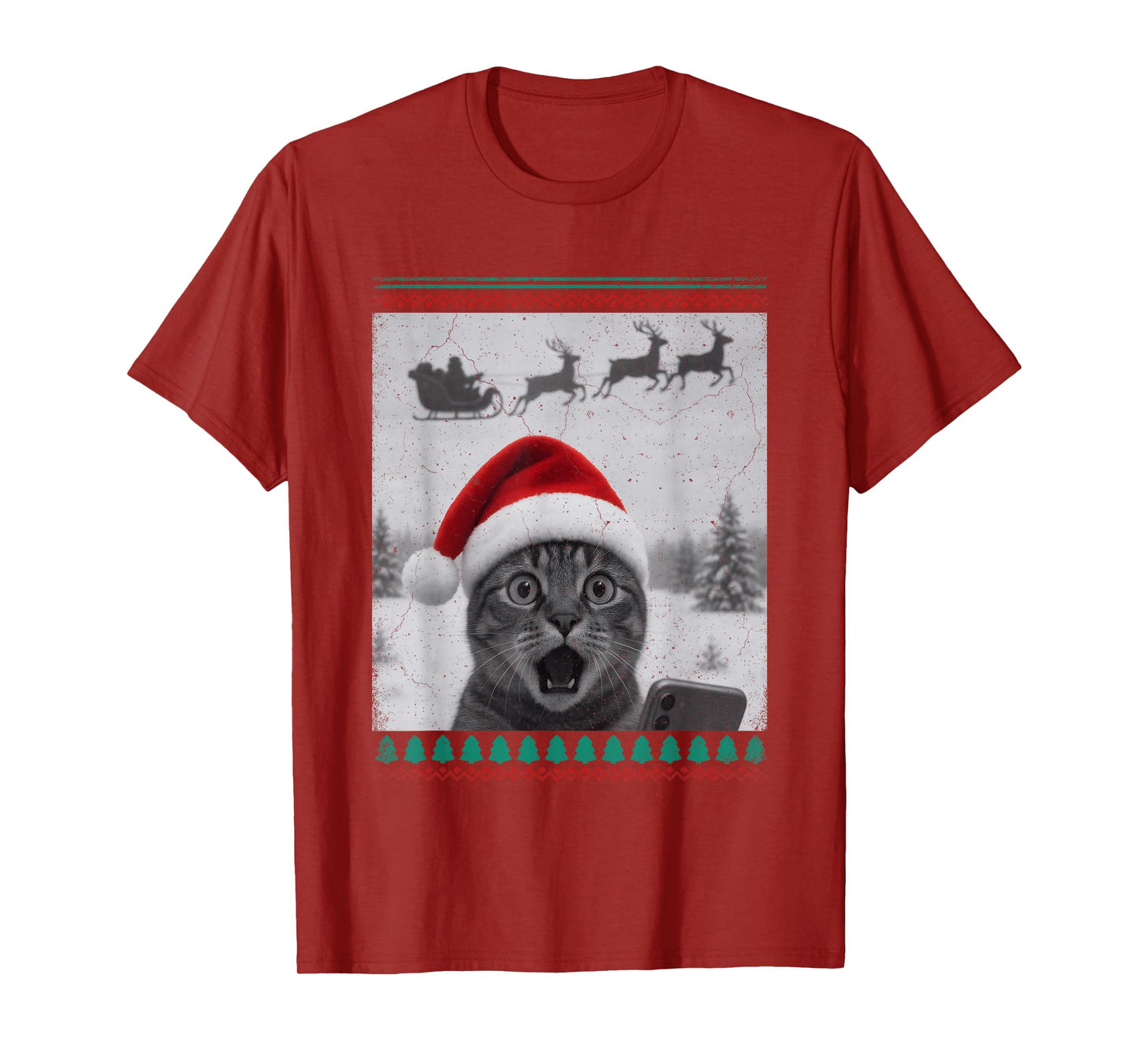 Ugly Christmas Funny Cat Selfie with Santa Sleigh T-Shirt