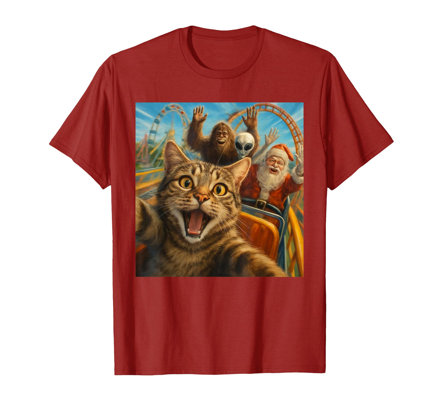 Funny Cat Selfie with Santa Claus Roller Coaster Meme T-Shirt