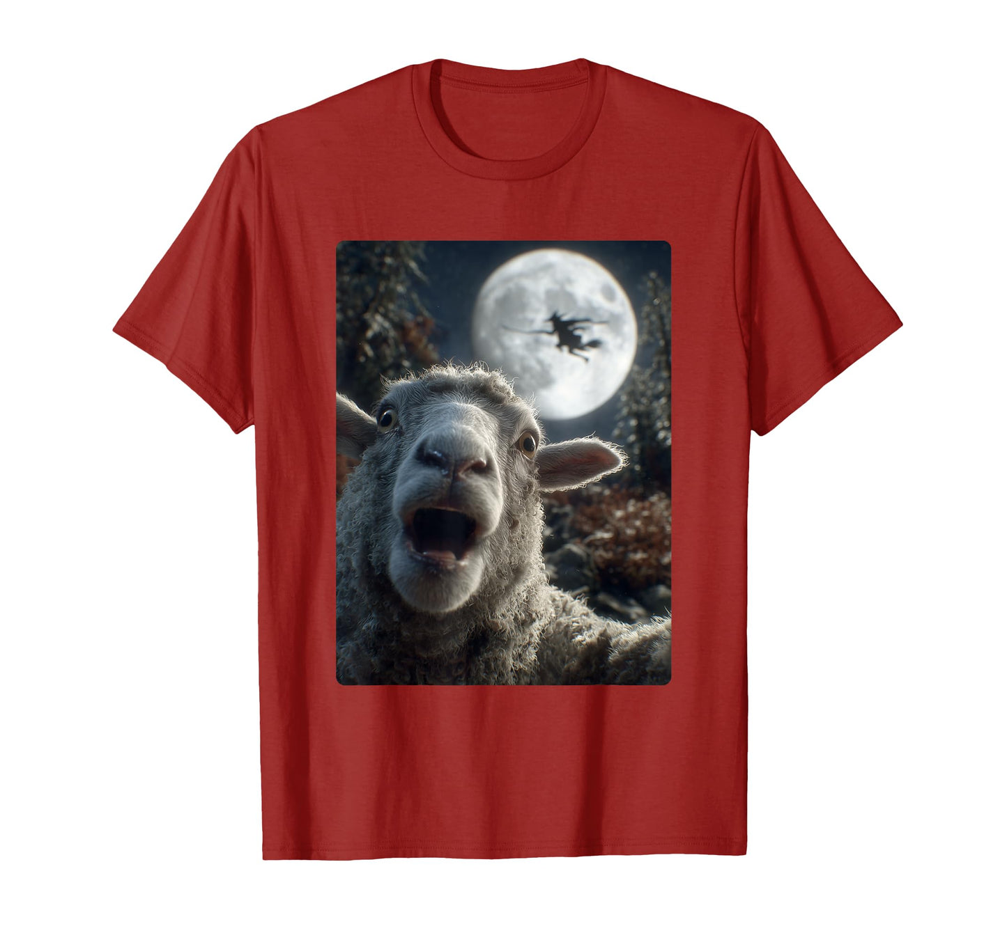 Funny Sheep Selfie Full Moon Flying Witch Forest Halloween T-Shirt