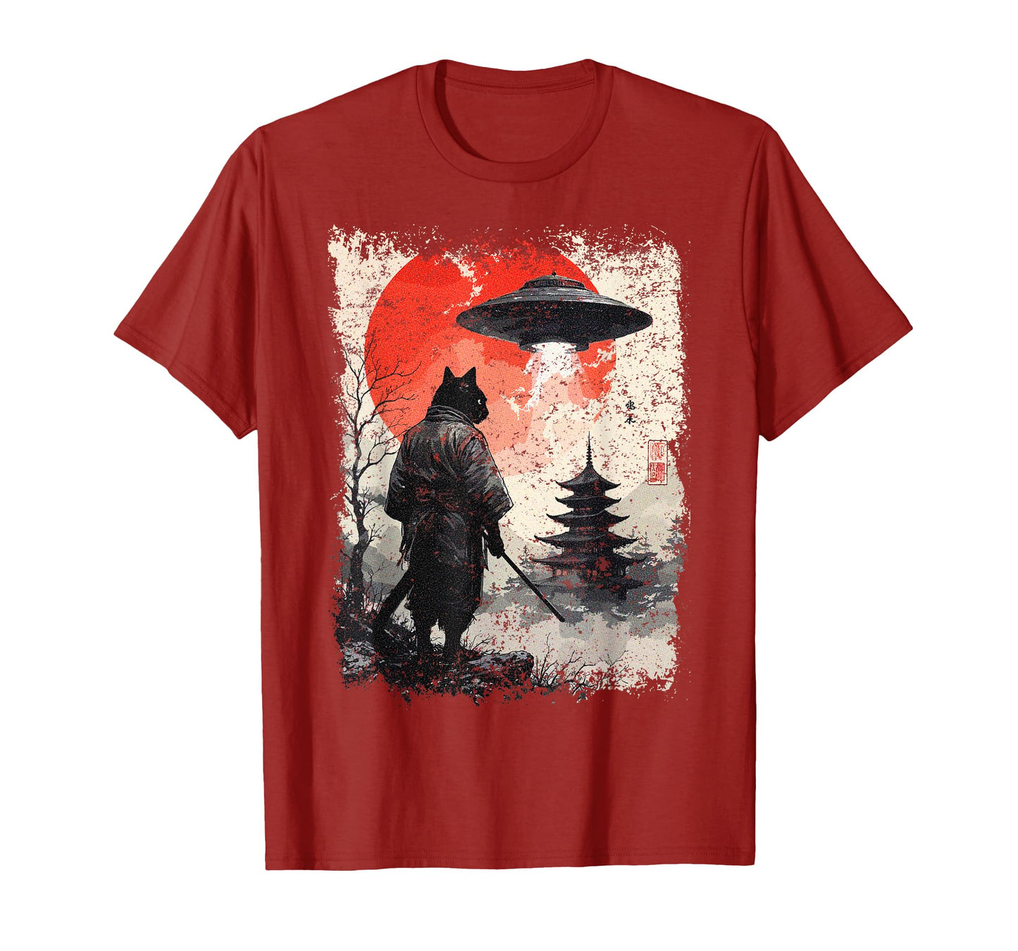 Samurai Ninja Cat Warrior Sumi-e UFO Ukiyo-e Sci Fi Japanese T-Shirt