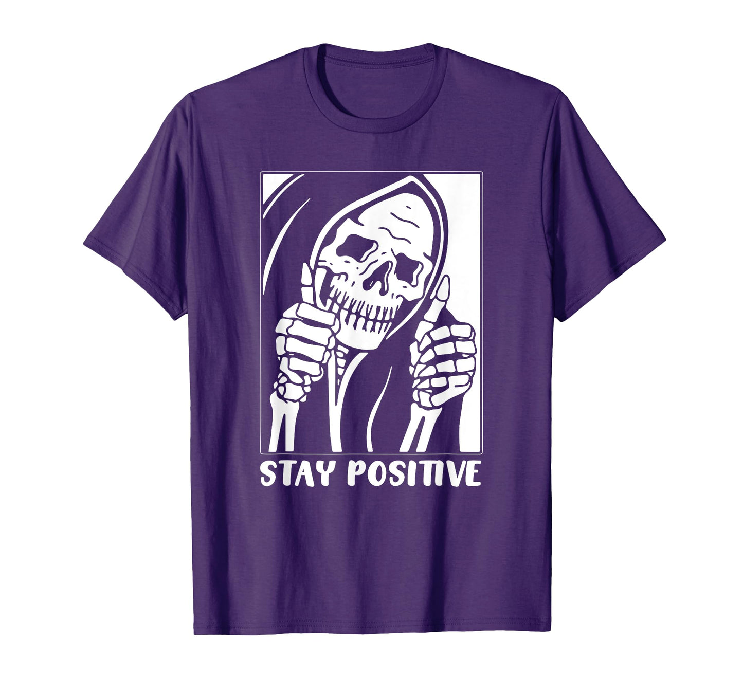 Death Stay Positive Skeleton Thumbs Up. White Unisex Graphic T-Shirt