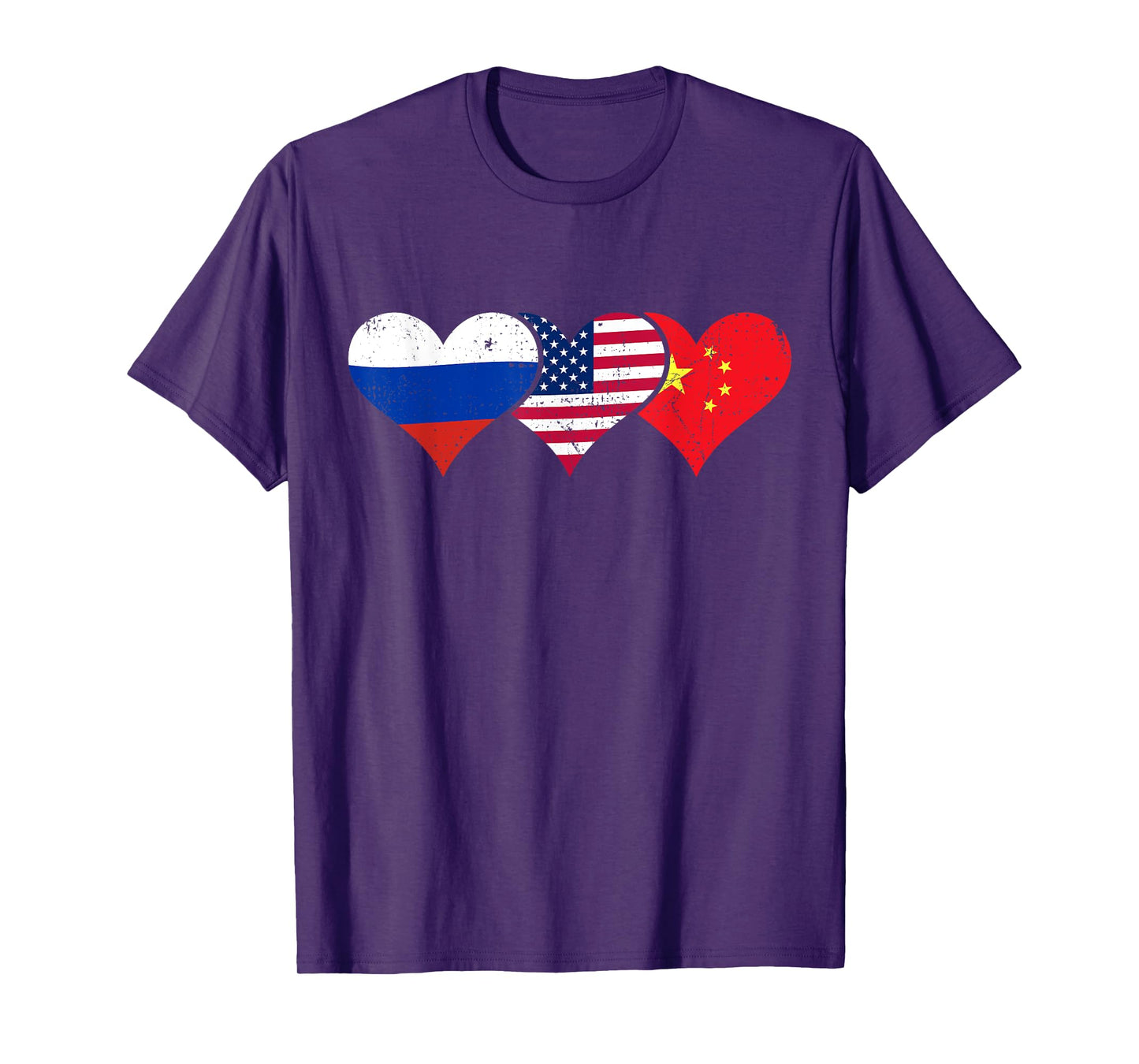 Russia, USA & China Flags – Russian American Chinese Hearts T-Shirt