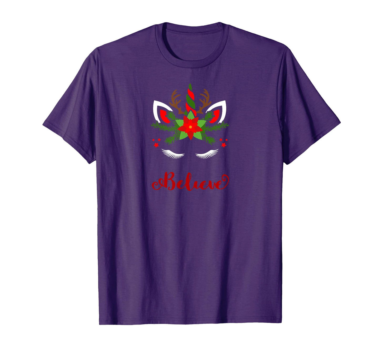 Believe Unicorn Reindeer Face Cute Christmas Santa Deer T-Shirt