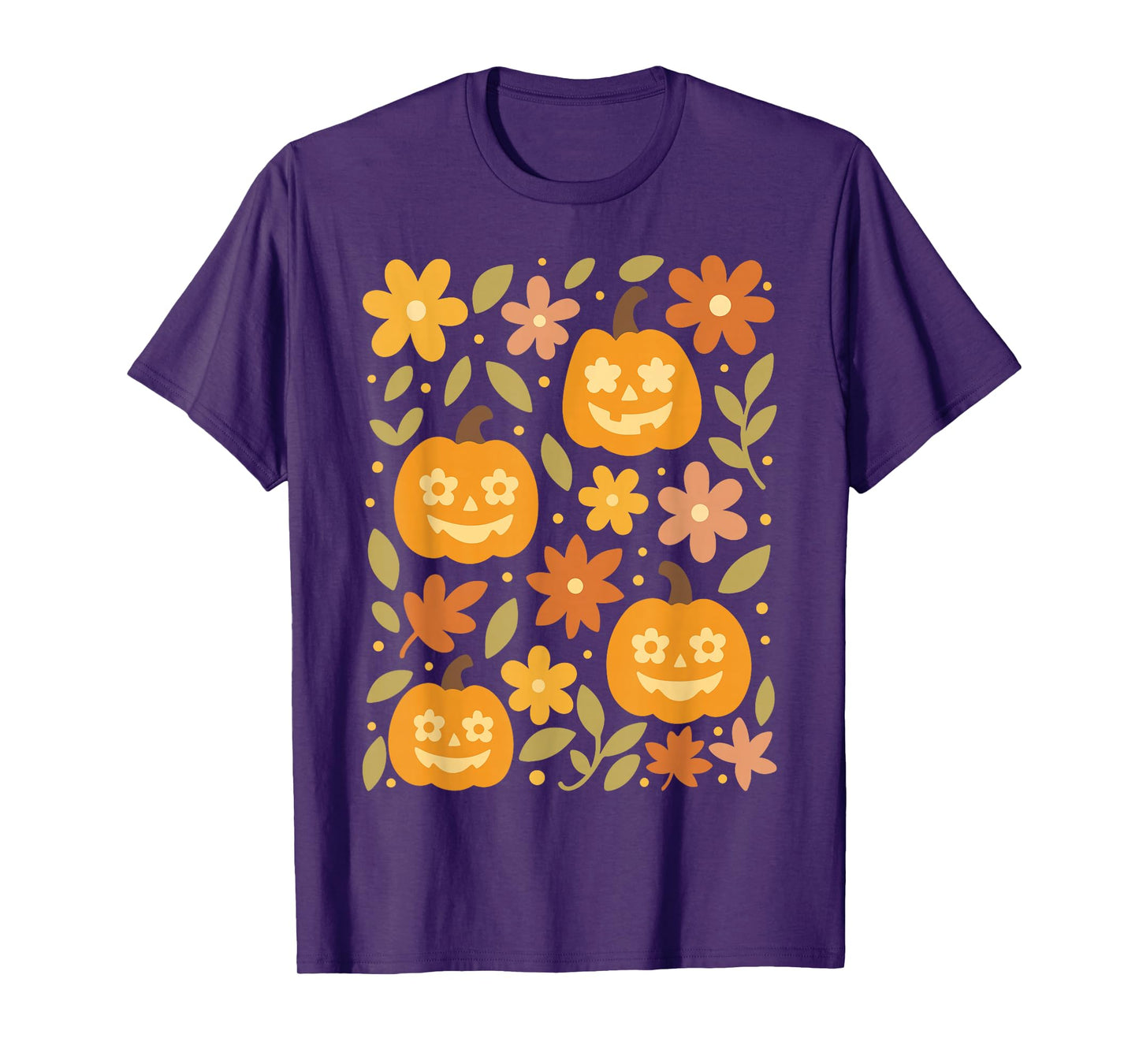 Cute Halloween Pumpkin Jack O Lantern and Fall Flowers Retro T-Shirt
