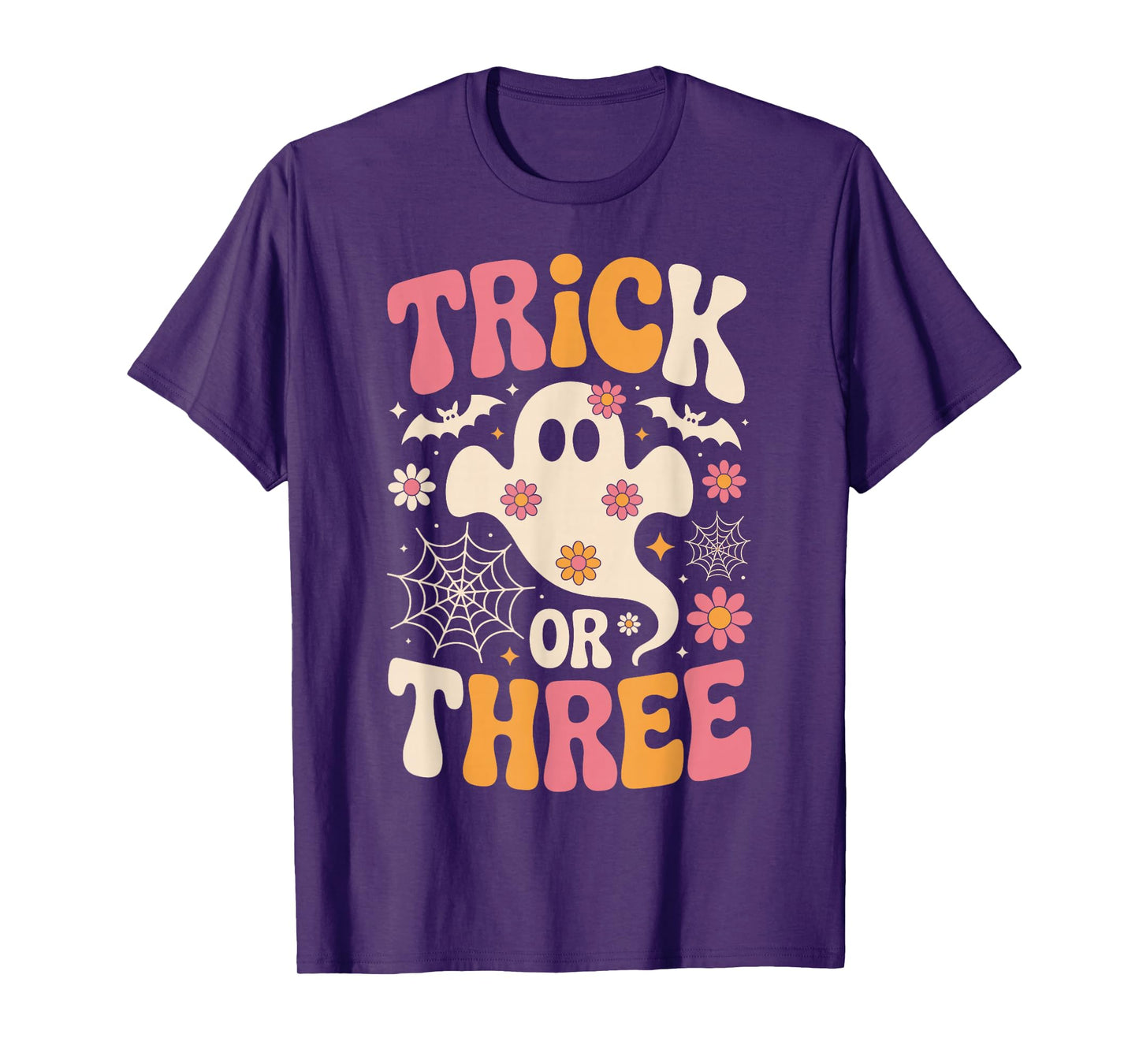 Trick Or Three 3 Years Old Birthday Groovy Ghost Halloween T-Shirt