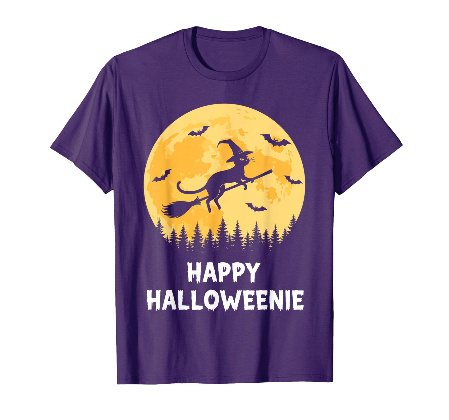 Happy Halloweenie Funny Halloween Cat Flying Witch T-Shirt
