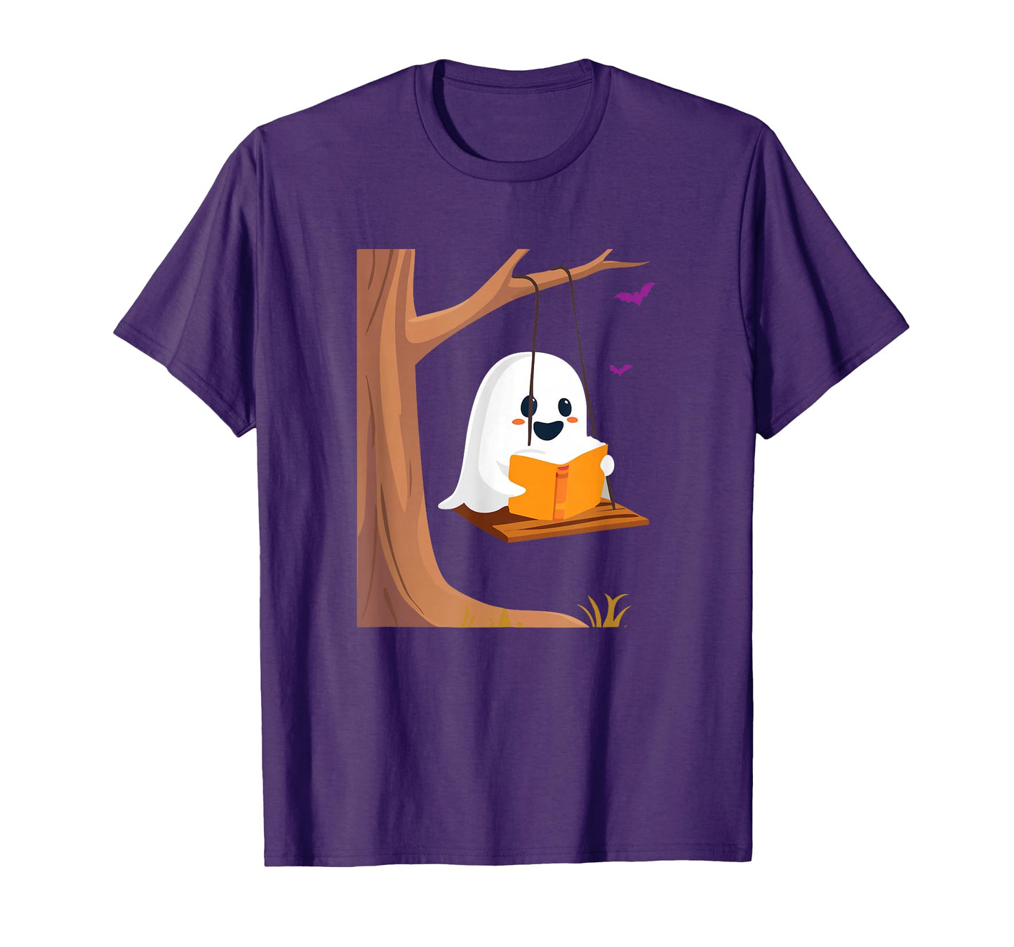 Kawaii Halloween Ghost Swinging Reading Book Bookish T-Shirt
