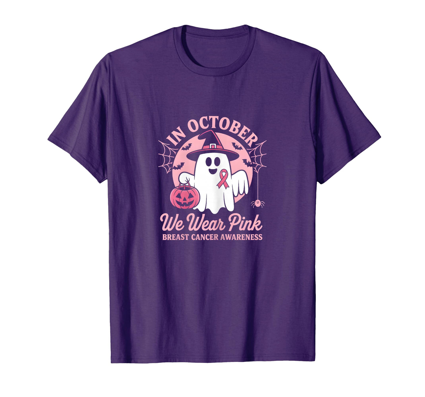 in October We Wear Pink Ghost Witch Breast Cancer Awareness T-Shirt