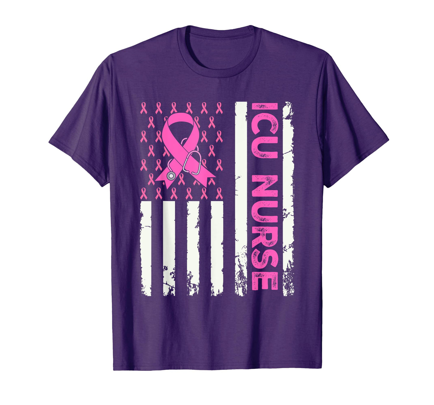 ICU Nurse American Flag Breast Cancer Awareness Pink Ribbon T-Shirt