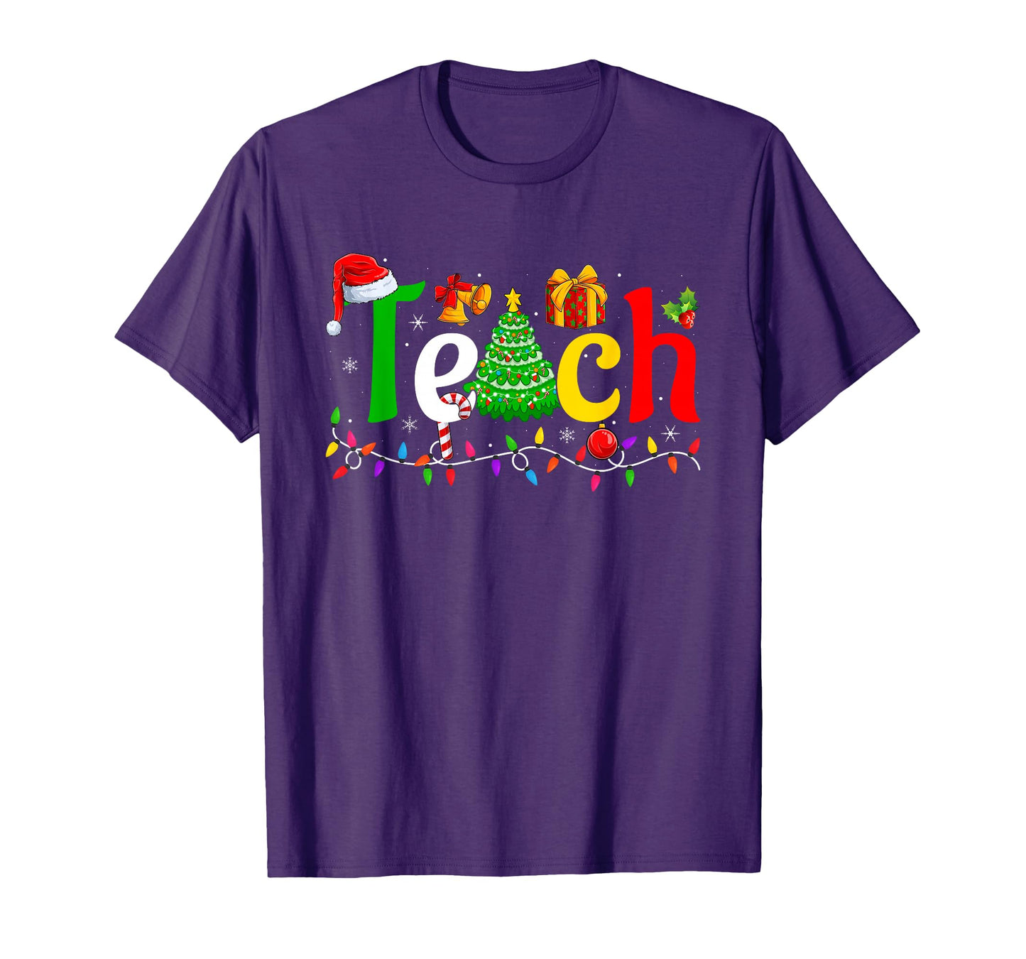 Teach Teacher Christmas Tree Lights Holiday Santa Xmas T-Shirt