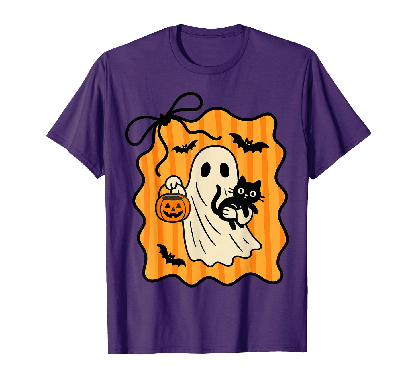 Retro Halloween Ghost Holding Cat Black Pumpkin Coquette Bow T-Shirt