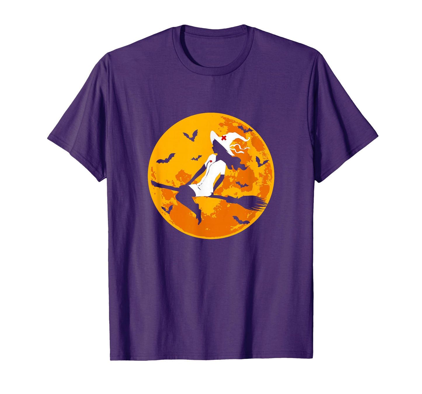 Flying Nurse Witch On Broomstick Halloween Full Moon T-Shirt