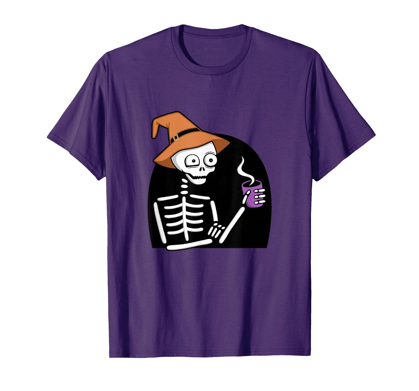 Skeleton Drinking Coffee Witch Hat Halloween Funny T-Shirt