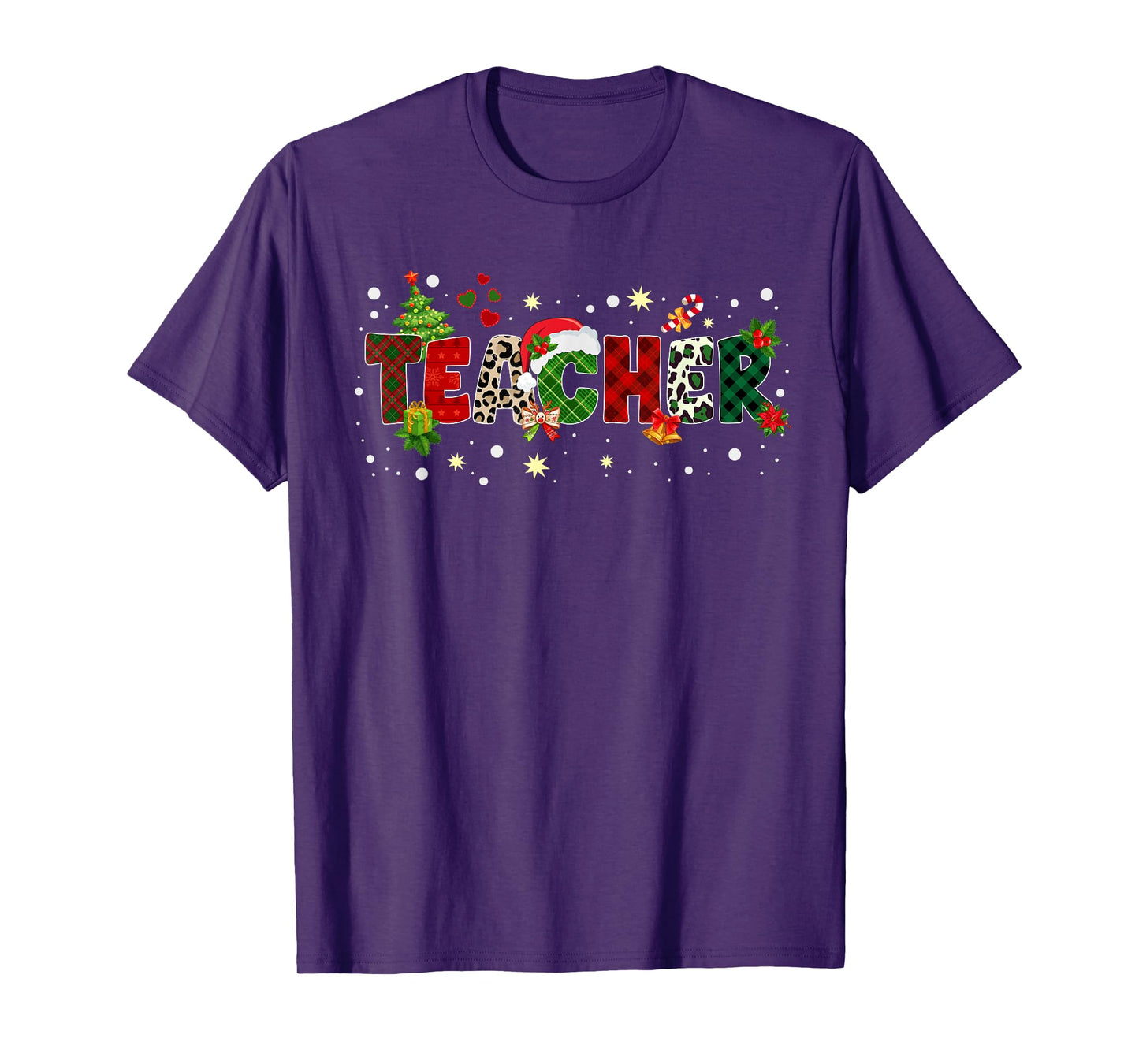 Teacher Christmas School Xmas Leopard Buffalo Plaid Women T-Shirt