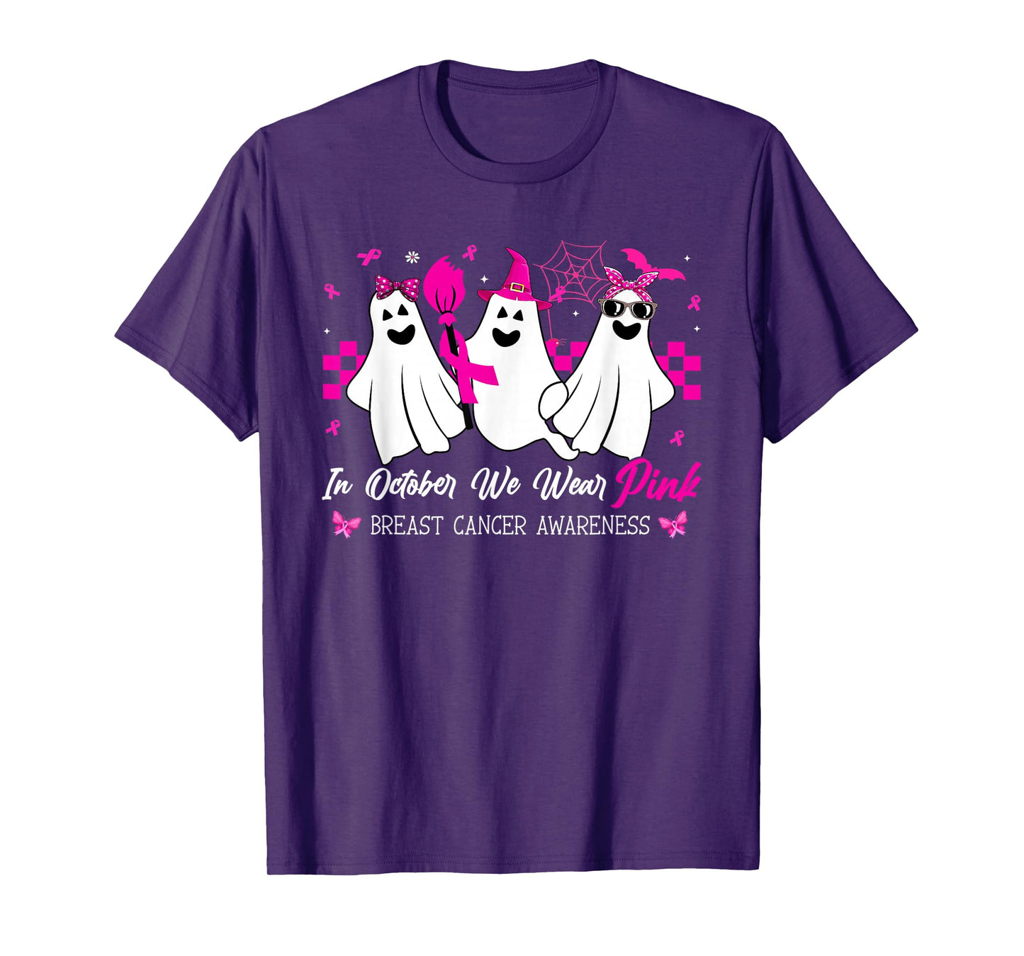 in October We Wear Pink Ghost Witch Breast Cancer Awareness T-Shirt