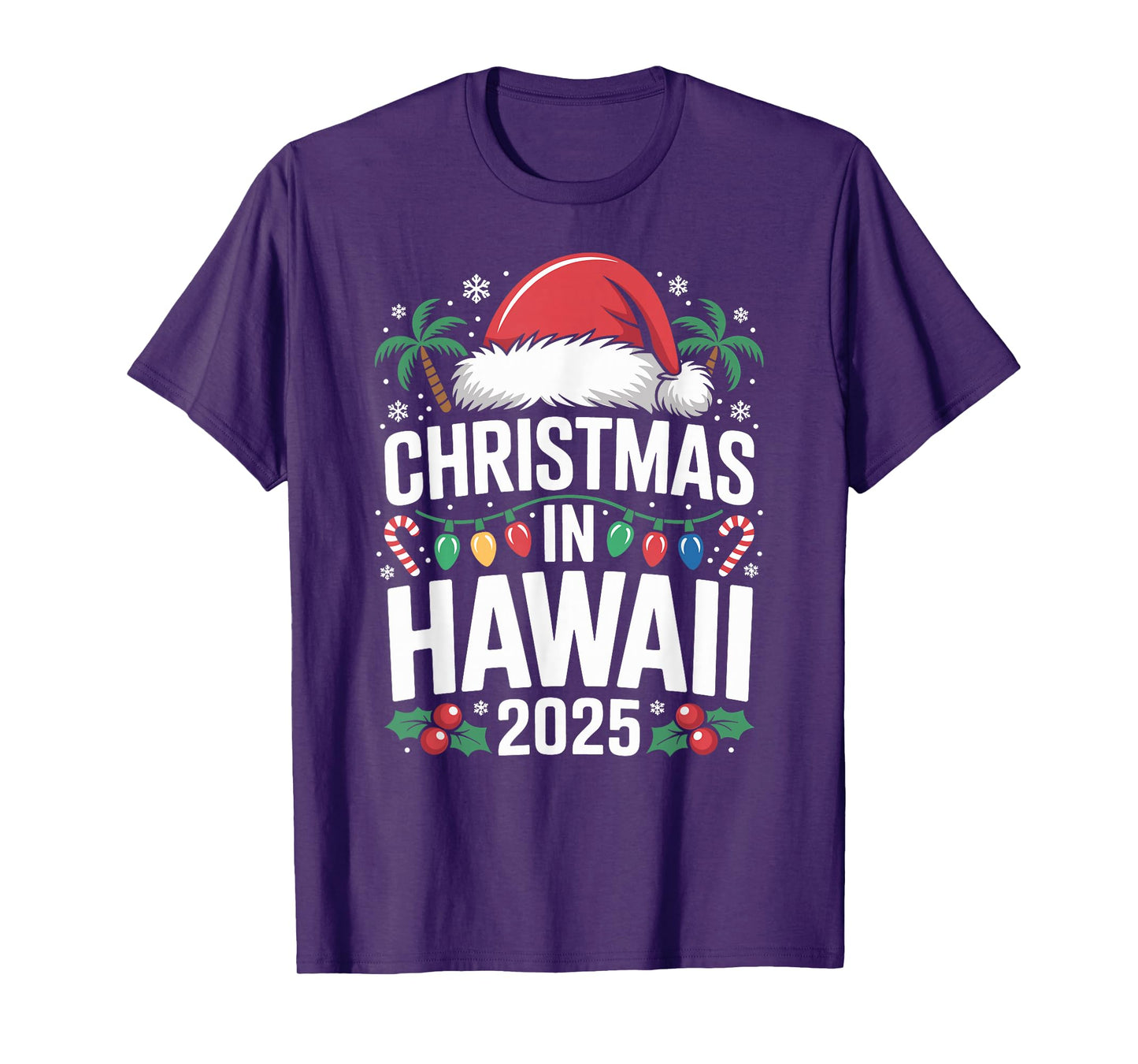 Fun Tropical Santa Hat and Lights, Christmas in Hawaii 2025 T-Shirt