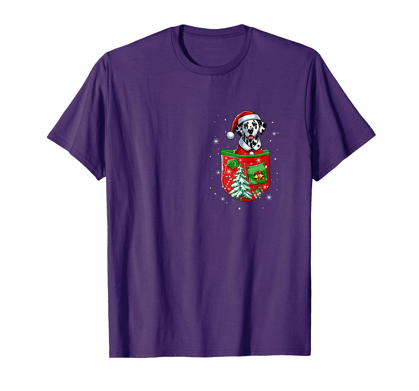 Santa Dalmatian in Pocket Owner Christmas Tree Bells T-Shirt
