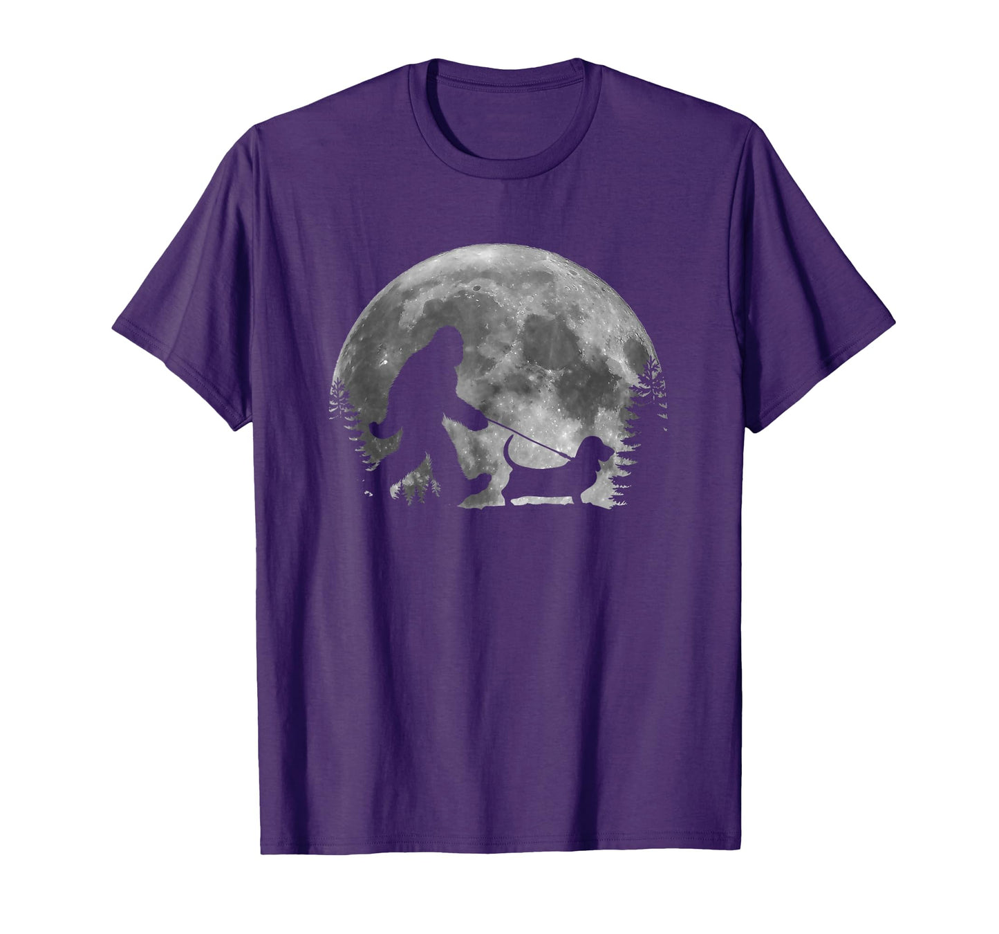 Bigfoot Walking a Dog Funny Basset Hound Moon Halloween T-Shirt for Men Women Kids