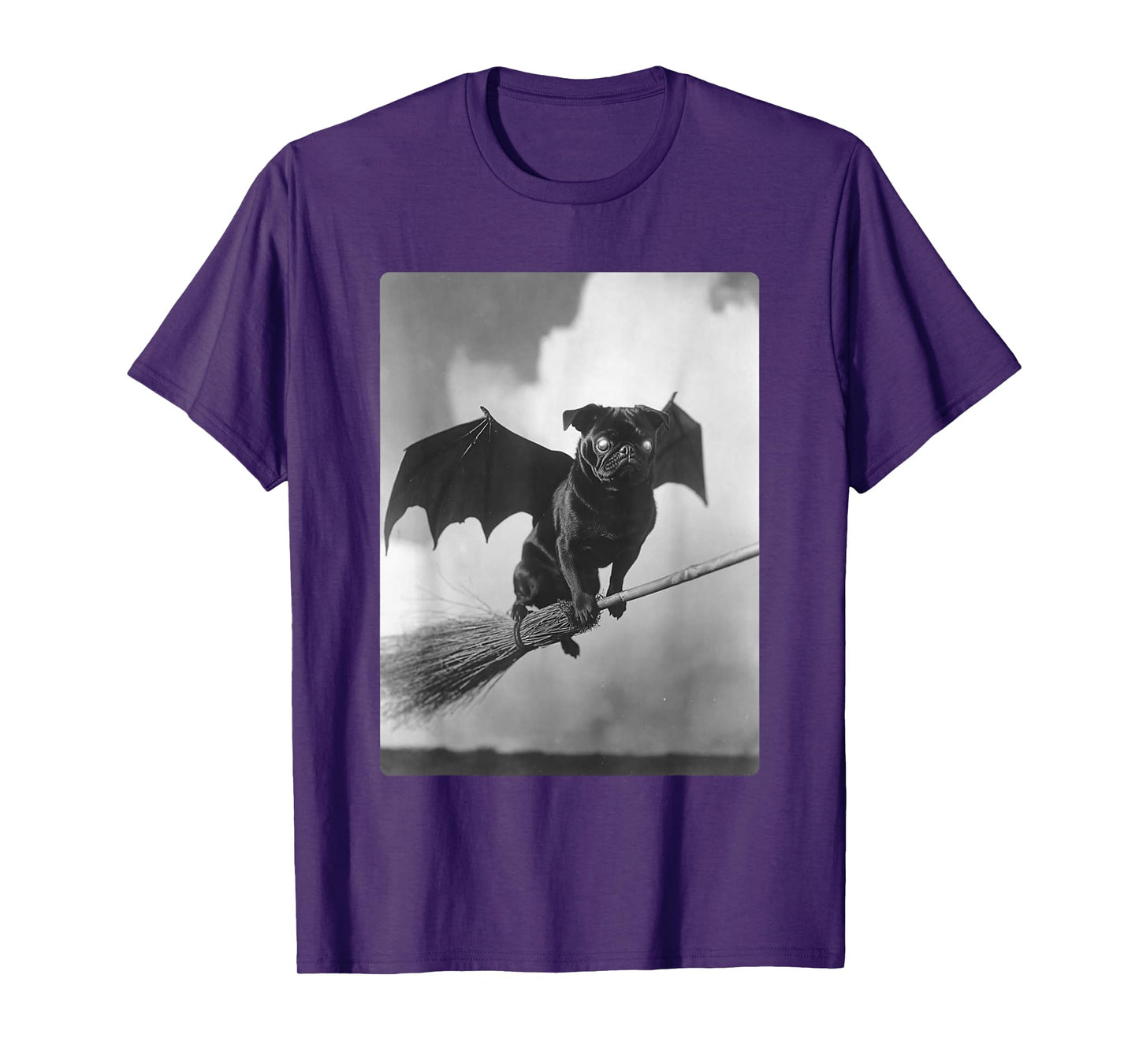 Gothic Pug with Bat Wings Witch Broom Spooky Halloween Dog T-Shirt