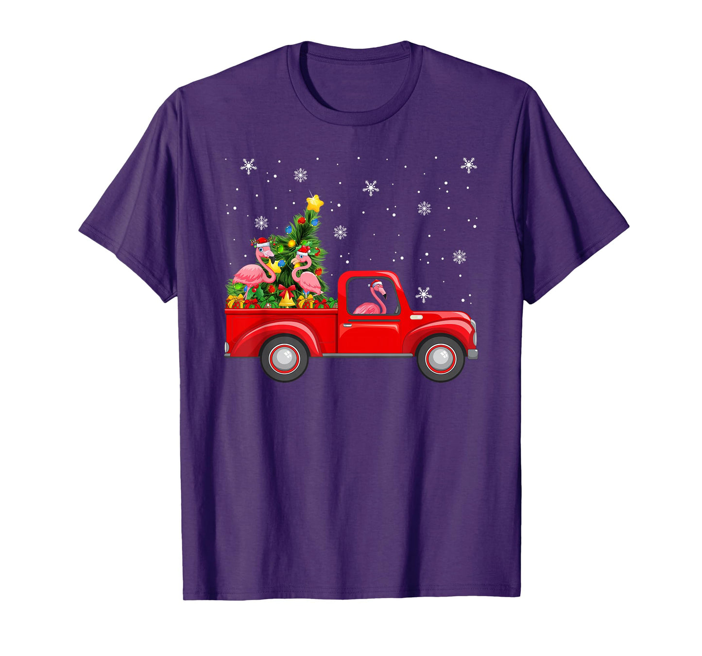Flamingo Riding Red Truck Christmas Tree Decor Funny Xmas T-Shirt