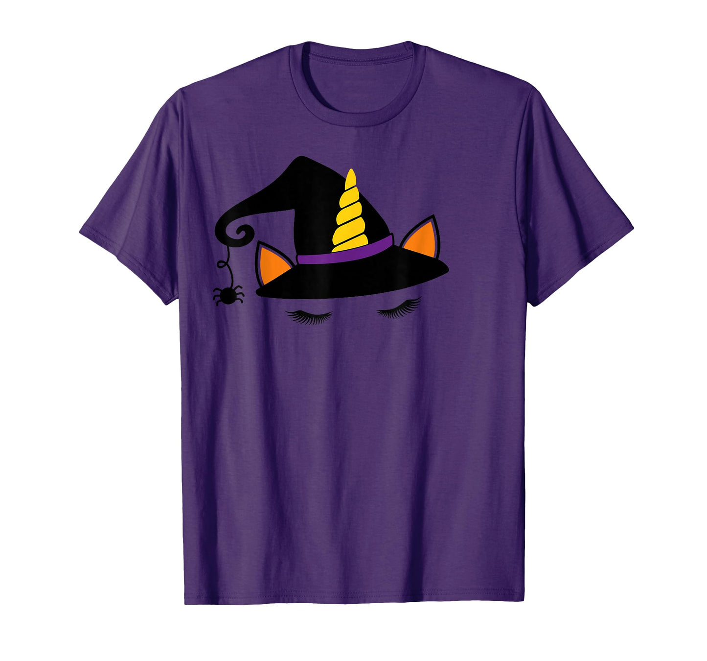 Unicorn Face Eyelashes Witch Hat Spider Halloween Costume T-Shirt