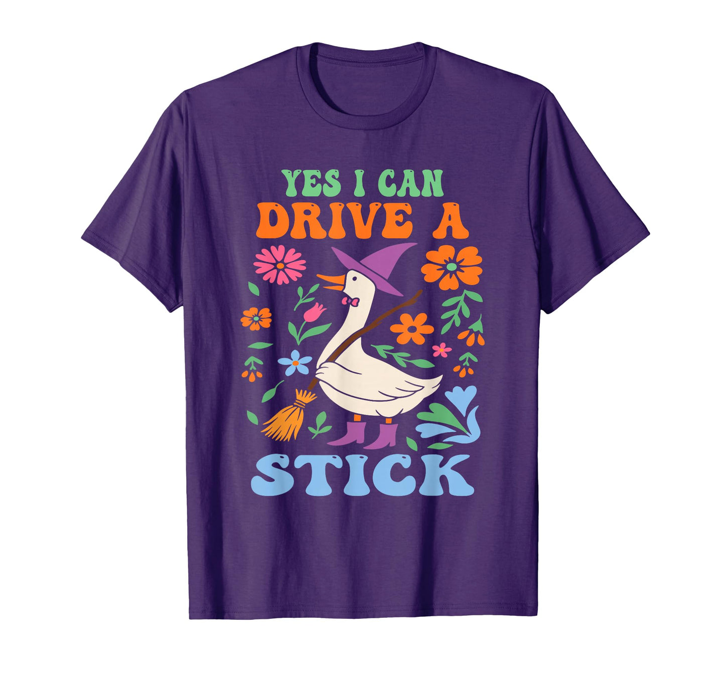 Funny Witch Goose Floral Yes I Can Drive A Stick Halloween T-Shirt