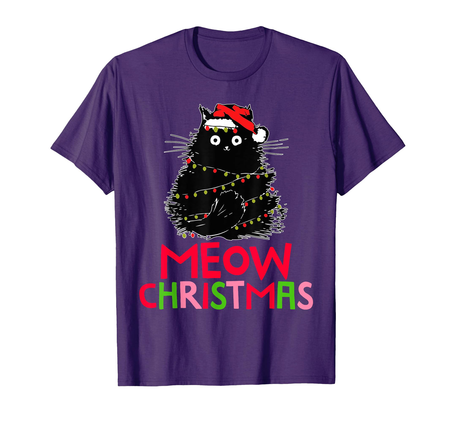 Funny Cute Black Cat Santa Christmas Lights Meow Women Men T-Shirt