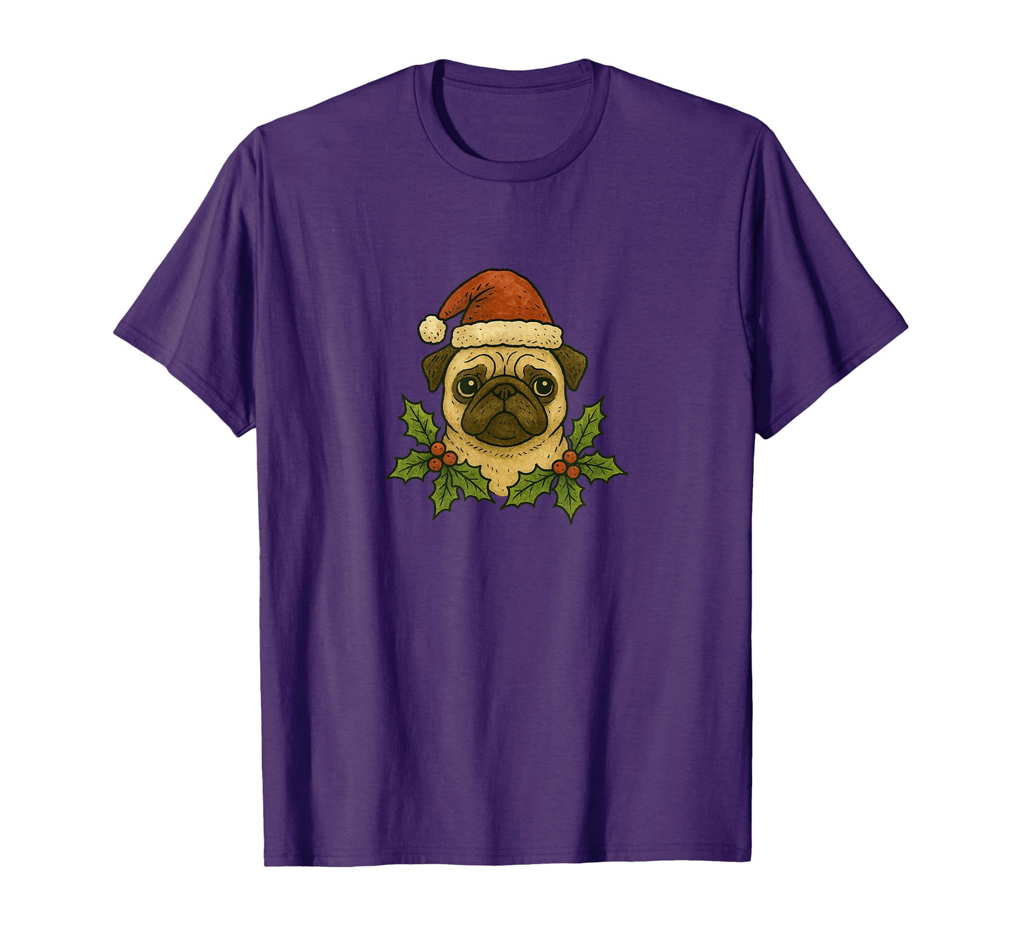 Christmas Pug Santa Hat Holly Holiday Cheer T-Shirt
