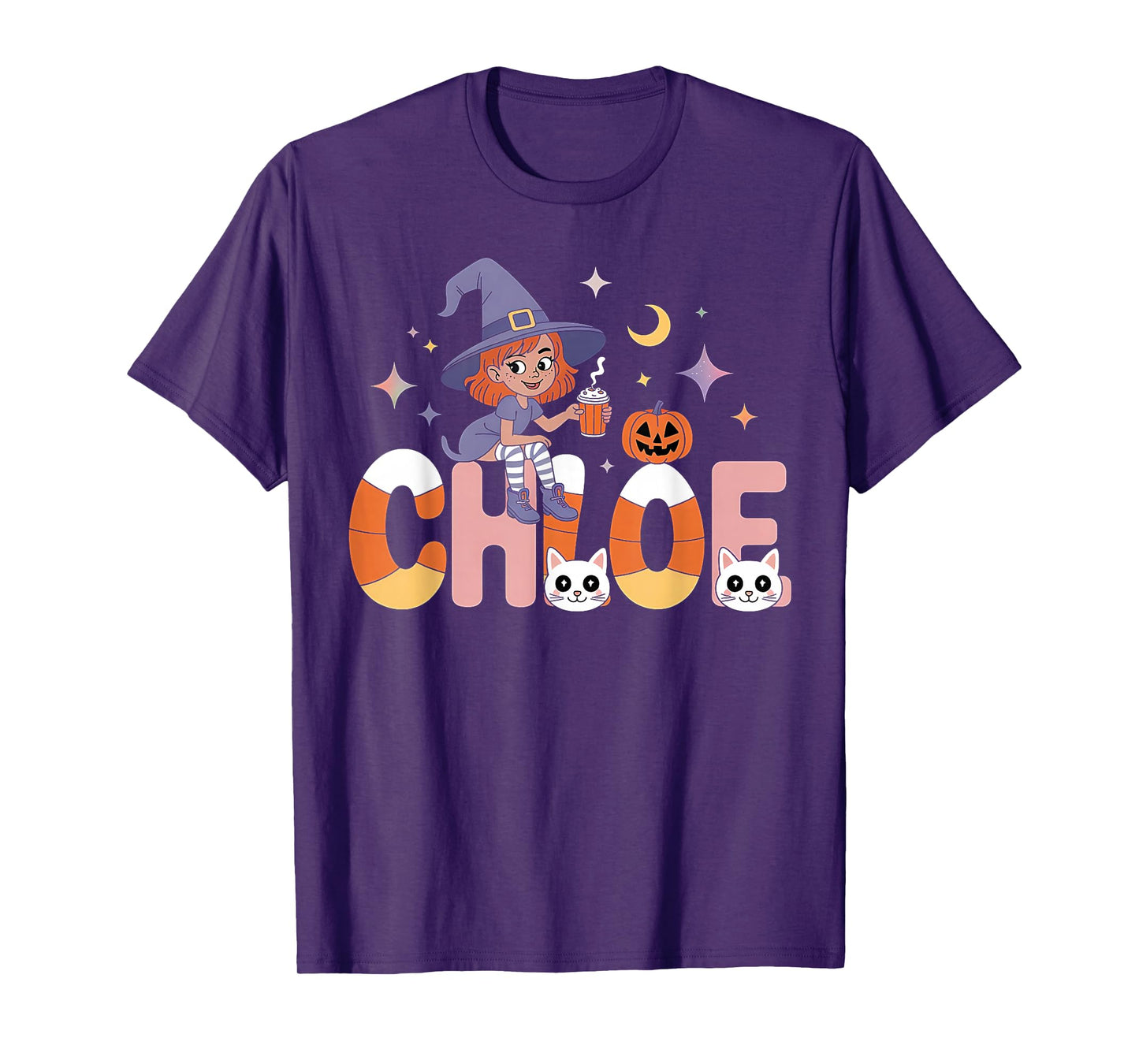 Chloe Witch Candy Corn Cat Halloween Women and Girls T-Shirt