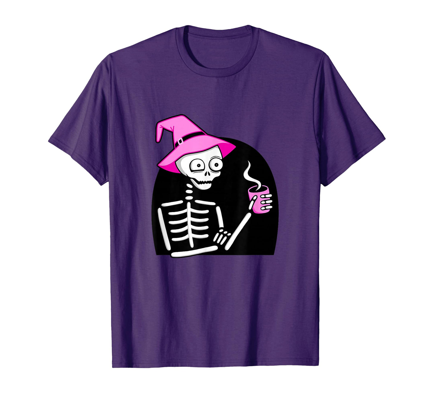 Skeleton Drinking Coffee Pink Witch Hat Halloween Funny T-Shirt