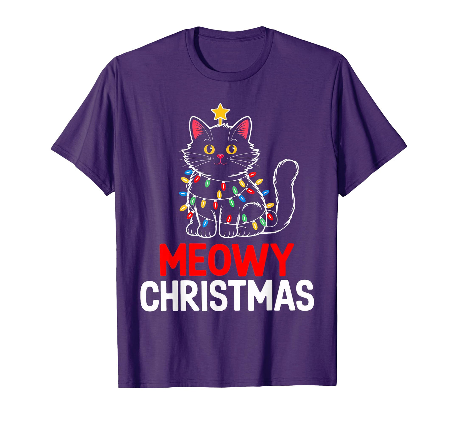 Meowy Christmas Light Black Cat Santa Hat Funny Xmas Pajamas T-Shirt
