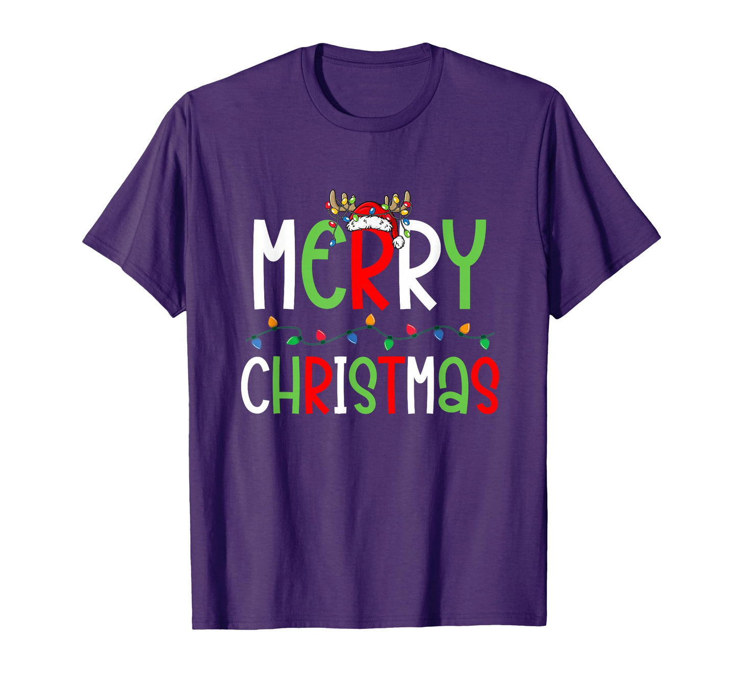 Merry Christmas Lights Reindeer Santa Holiday Outfit T-Shirt