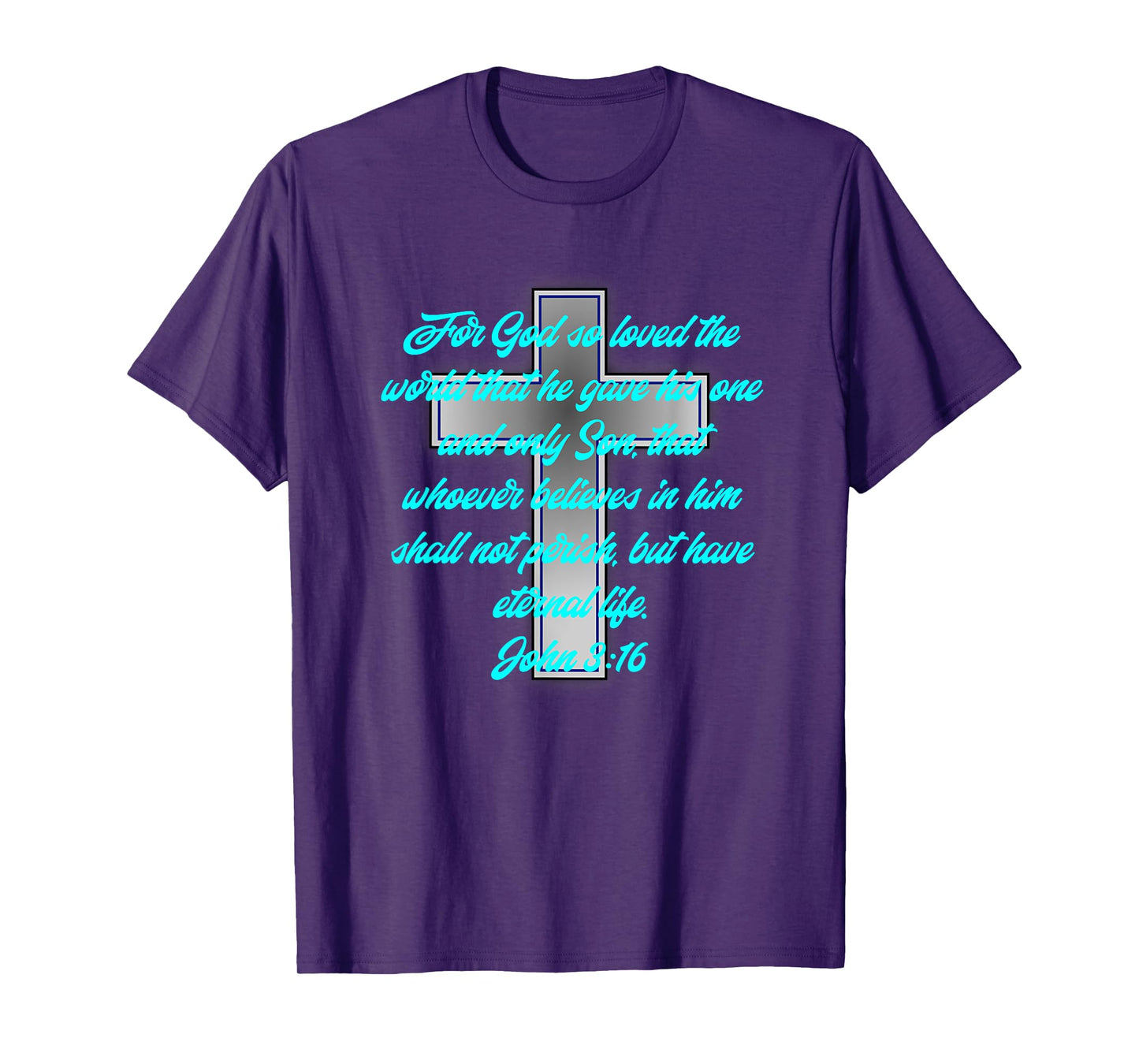 Religious John 3:16 Bible Scripture Cyan Teal Blue Font T-Shirt