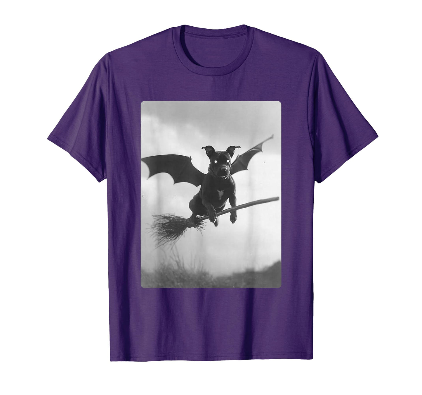 Gothic Pit Bull Witch Broom Bat Wings Spooky Halloween Dog T-Shirt