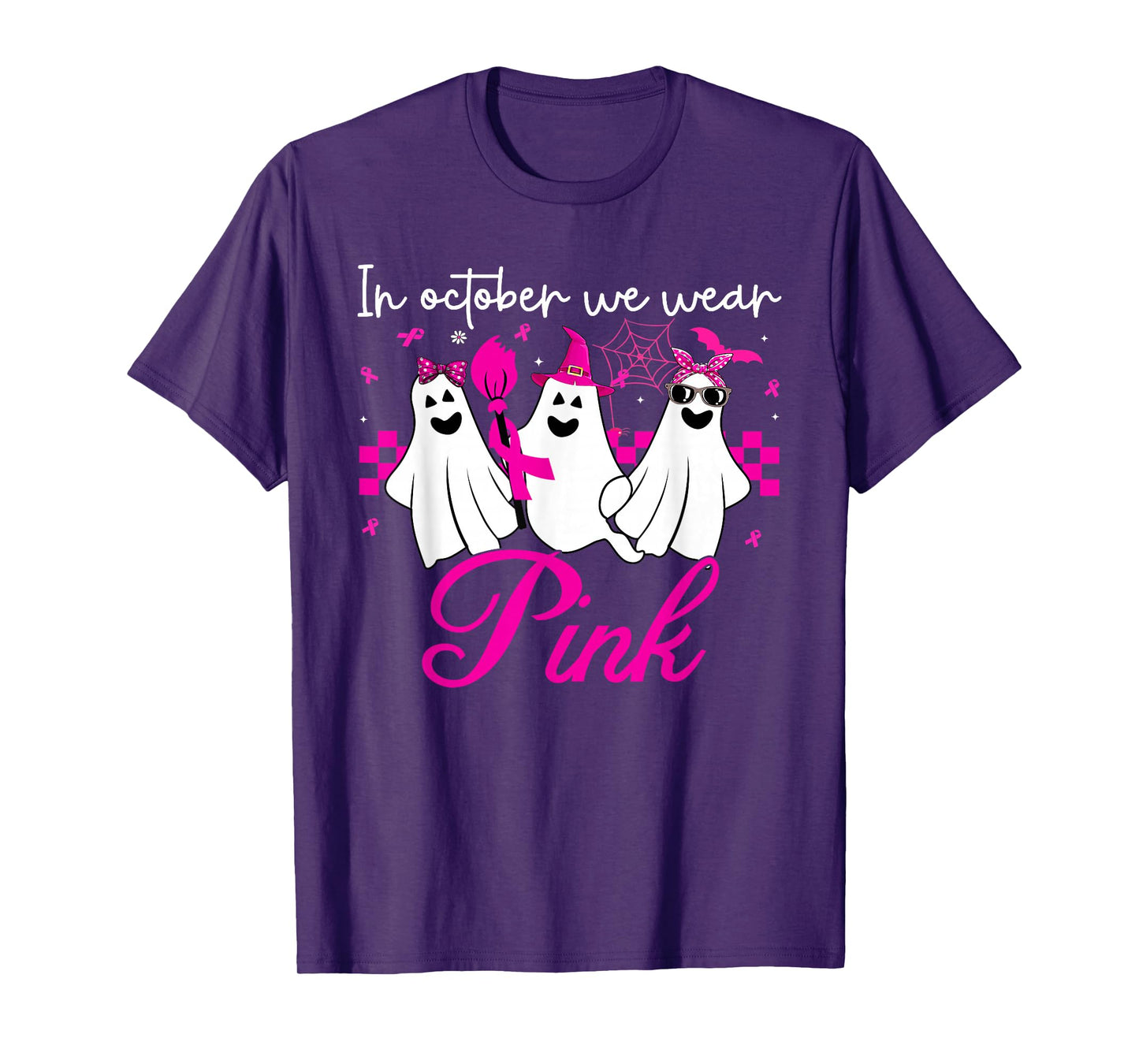in October We Wear Pink Ghost Witch Breast Cancer Awareness T-Shirt
