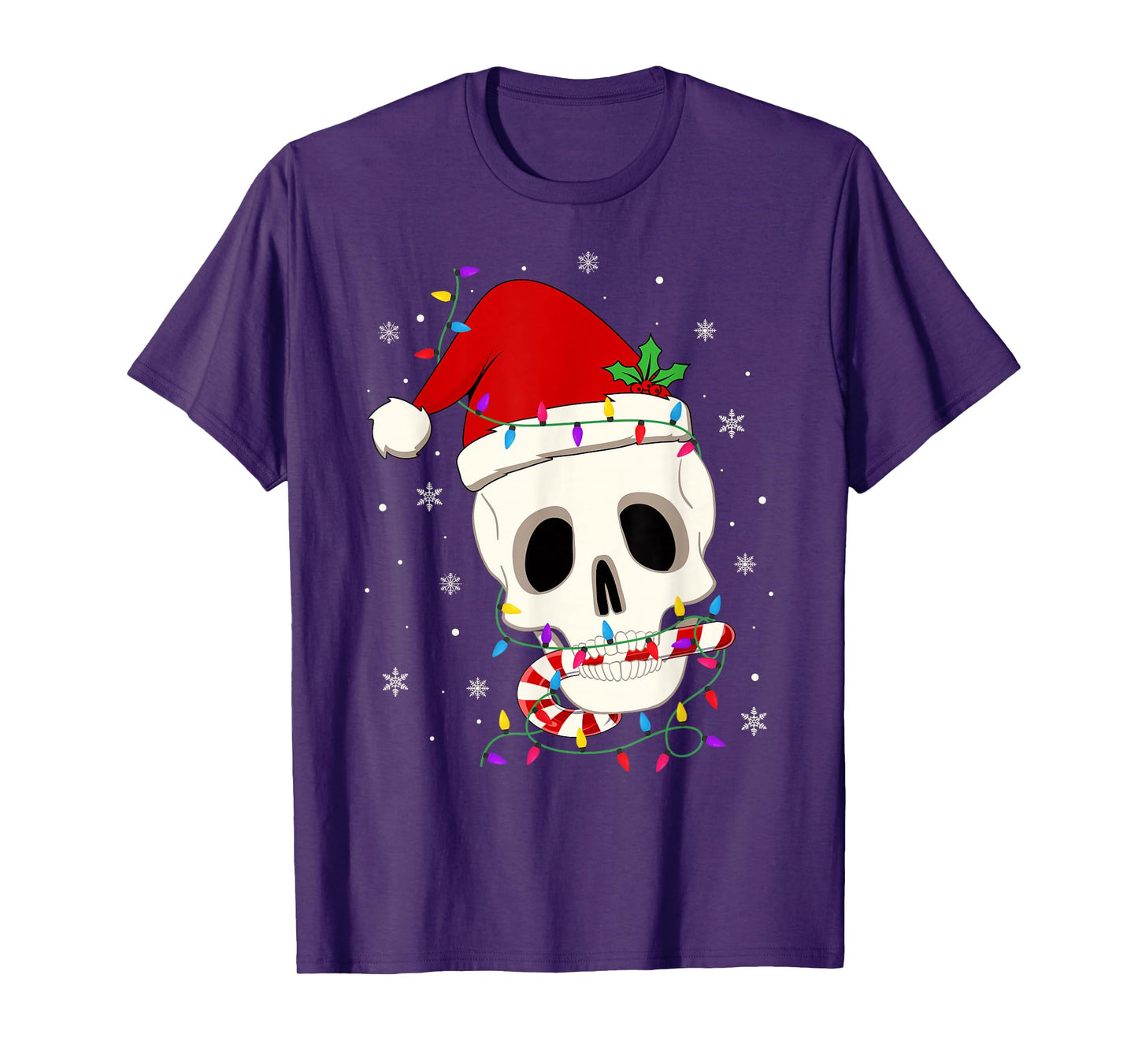 Skeleton Skull Scary Xmas Lights Funny Santa Hat Christmas T-Shirt