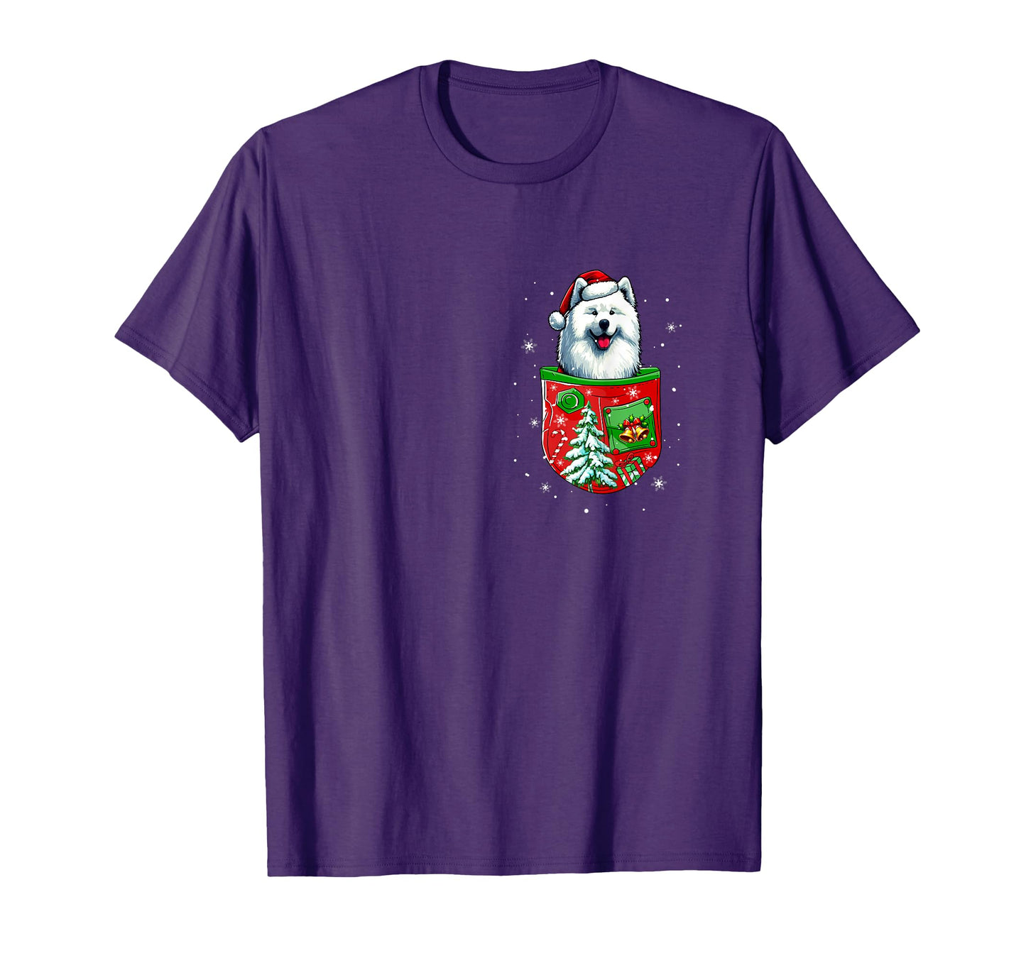 Santa Samoyed in Pocket Owner Christmas Tree Bells T-Shirt
