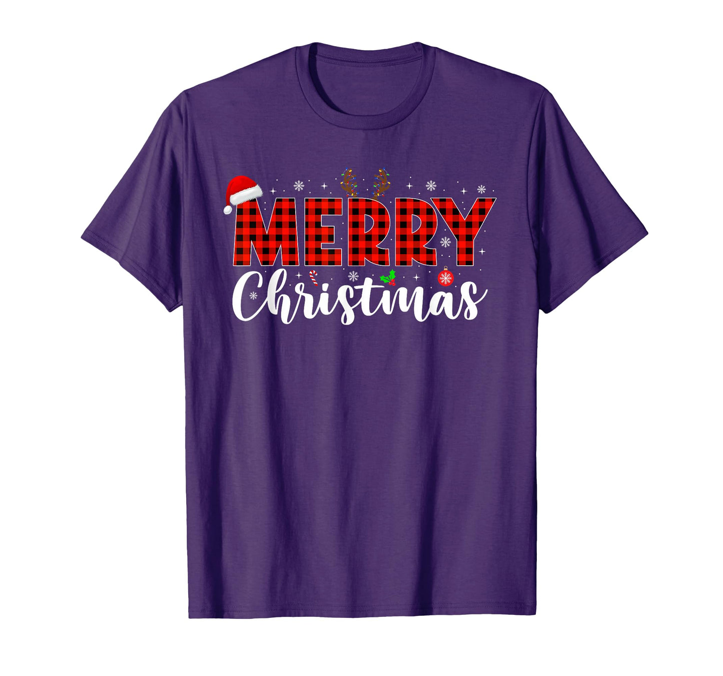 Merry Christmas Plaid Reindeer Xmas Family Men Women Kids T-Shirt