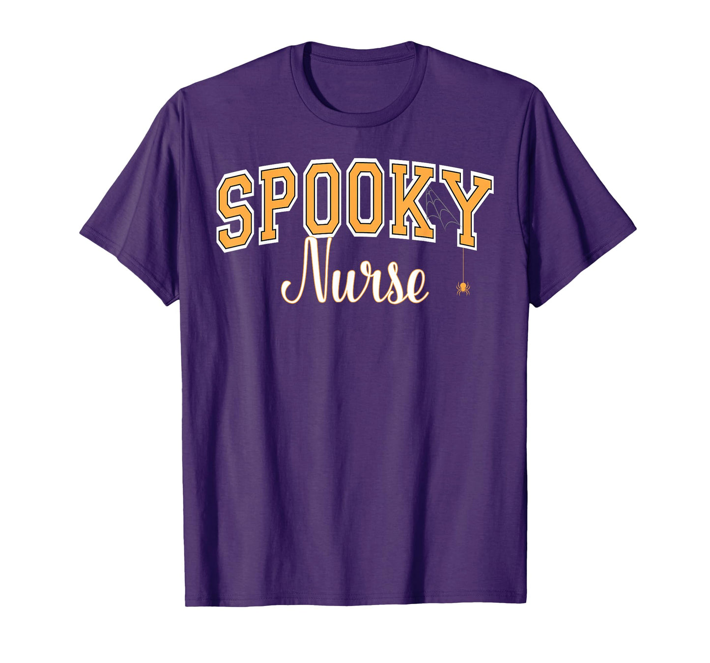 Spooky Nurse Halloween Spider Varsity Orange Letters T-Shirt