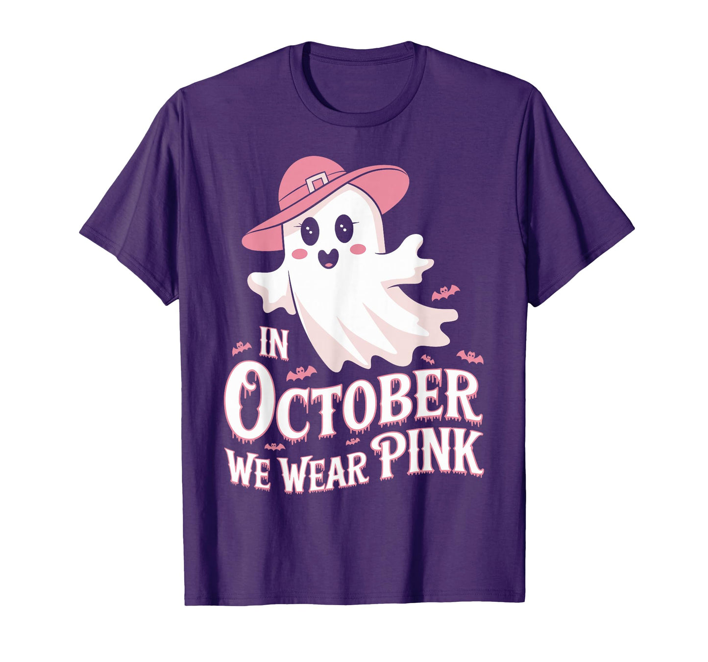 in October We Wear Pink Ghost Witch Breast Cancer Awareness T-Shirt
