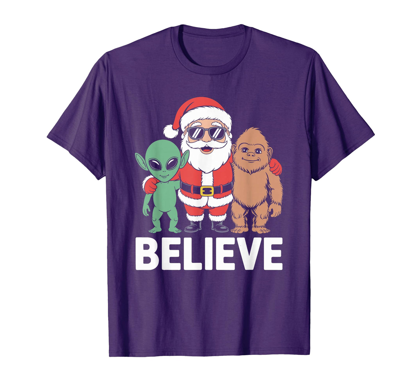 Believe Santa Bigfoot Alien Christmas T-Shirt
