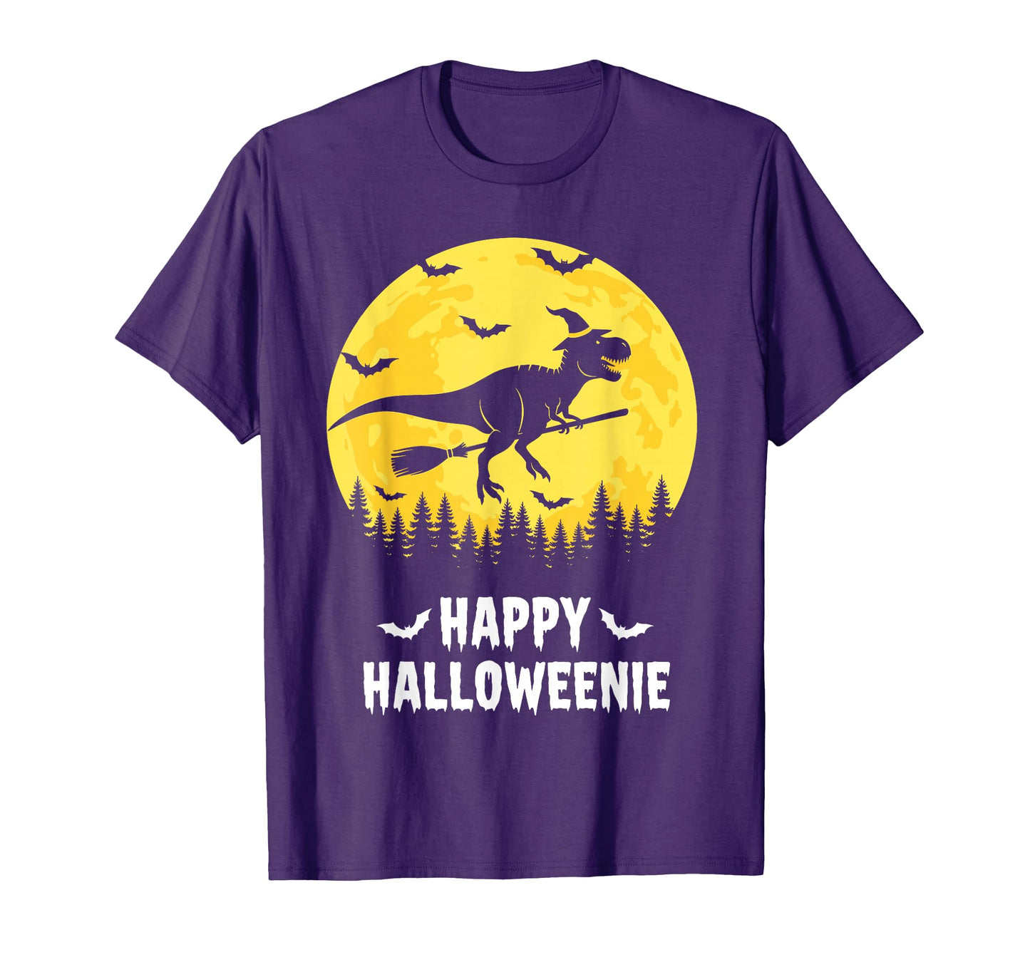 Happy Halloweenie Funny Dinosaur T Rex Flying Witch T-Shirt