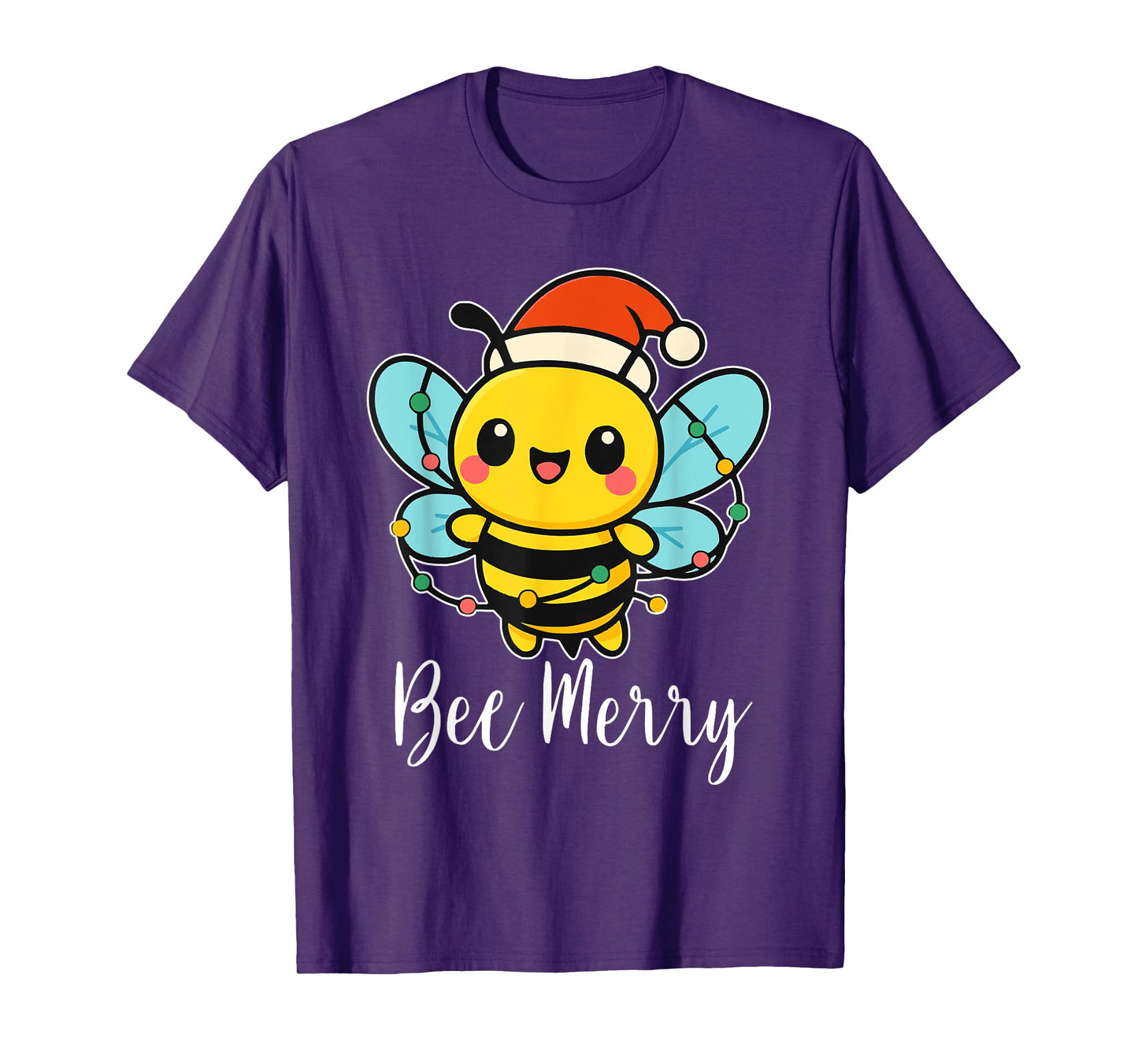 Bee Merry Christmas Bee Wears Santa Hat Xmas Lights T-Shirt