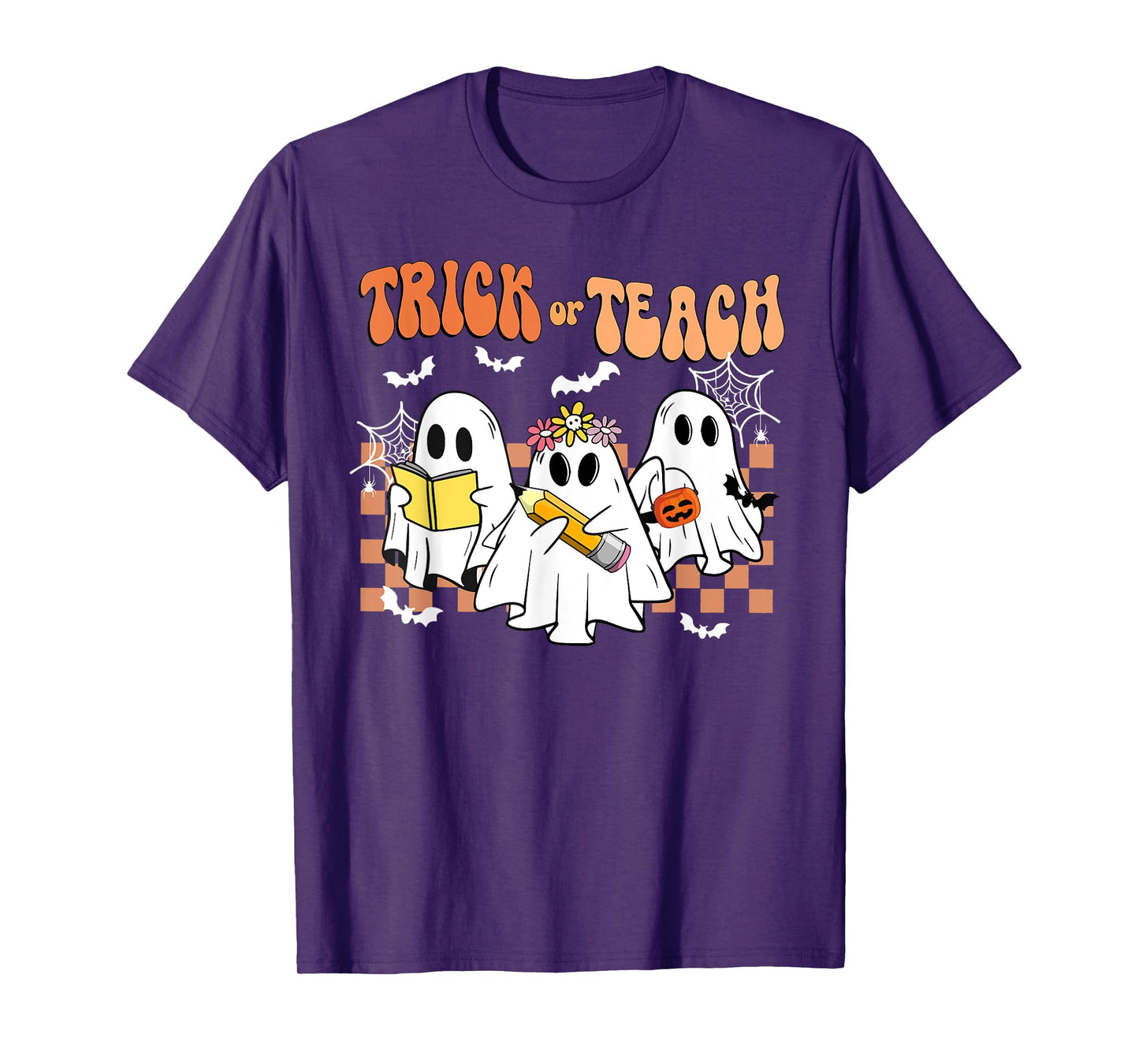 Trick Or Teach Groovy Teacher Halloween Retro Floral Ghost T-Shirt