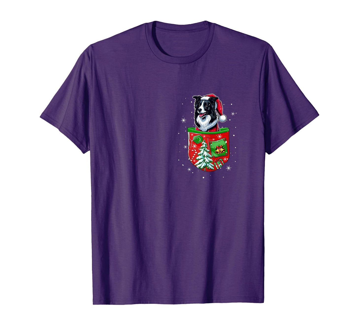 Santa Border Collie in Pocket Owner Christmas Tree Bells T-Shirt