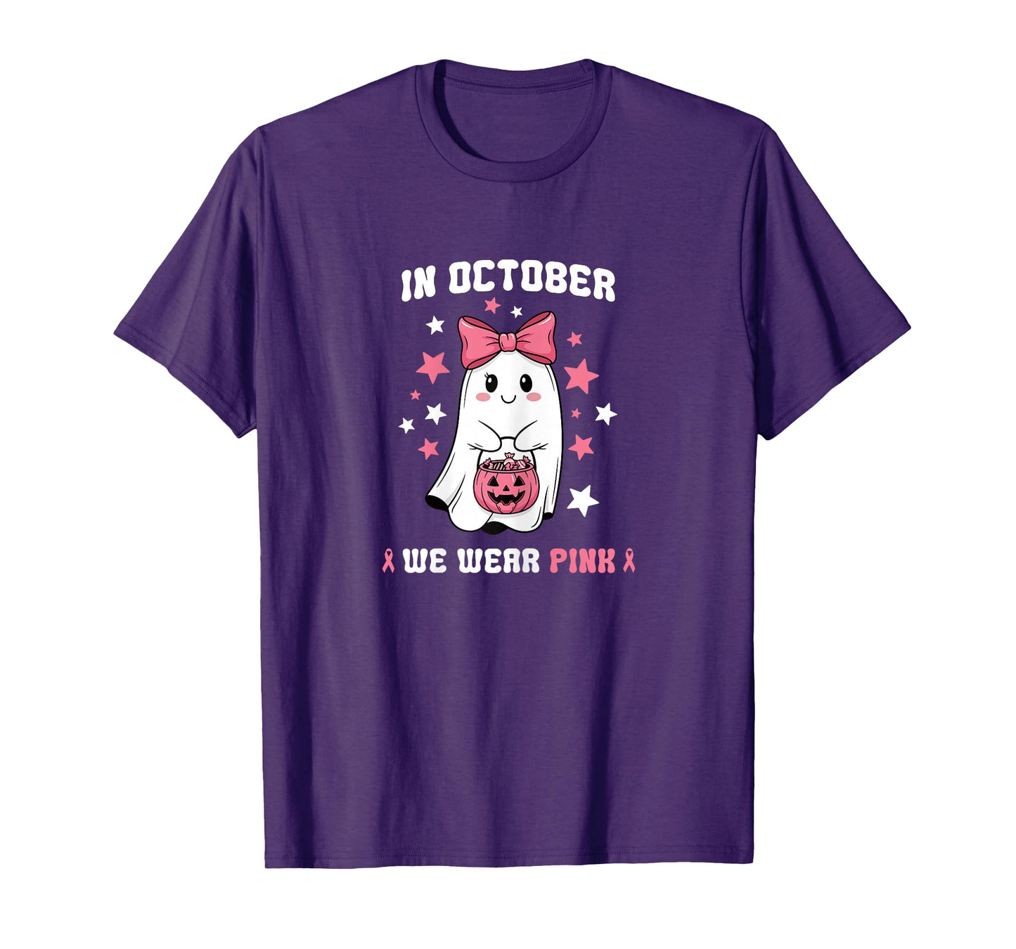 in October We Wear Pink Ghost Witch Breast Cancer Awareness T-Shirt
