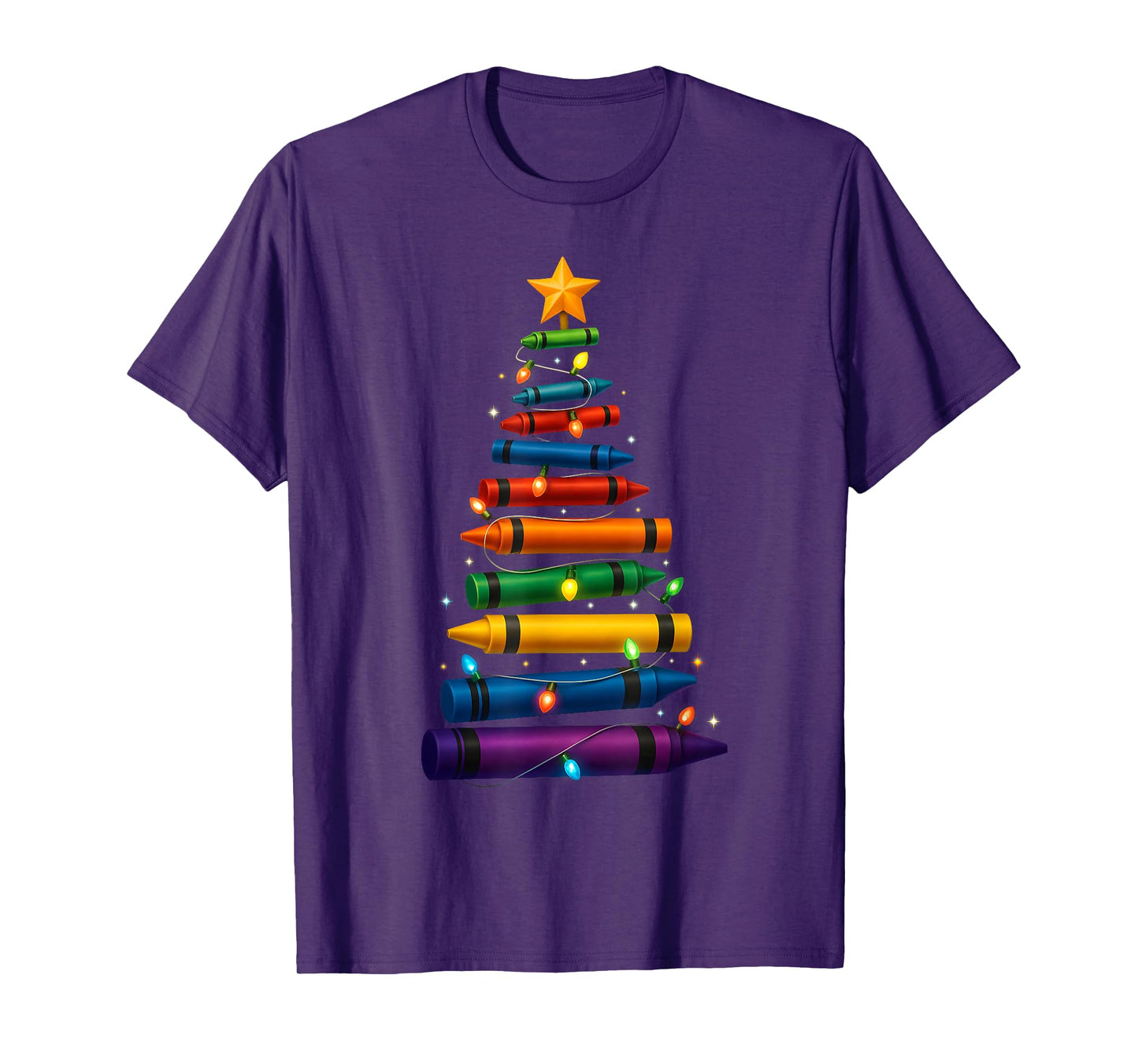 Teacher Crayon Christmas Tree Lights Student School Xmas T-Shirt