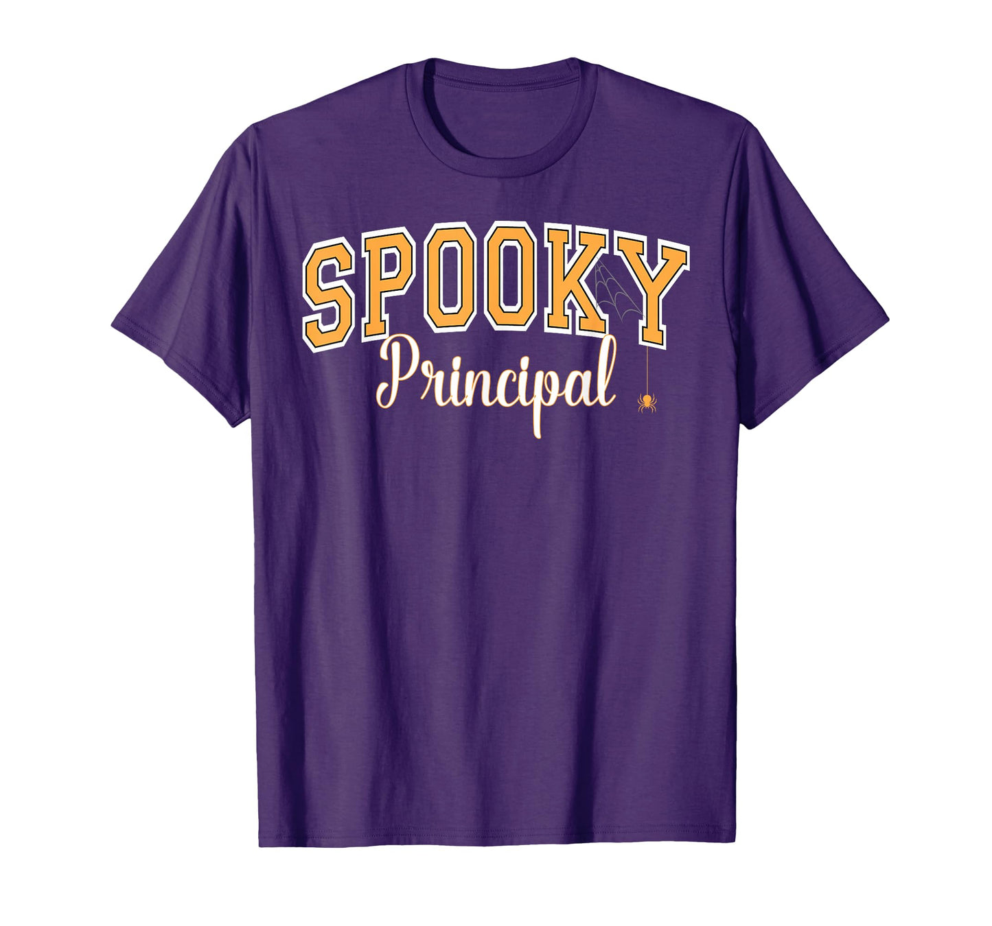 Spooky Principal Halloween Spider Varsity Orange Letters T-Shirt