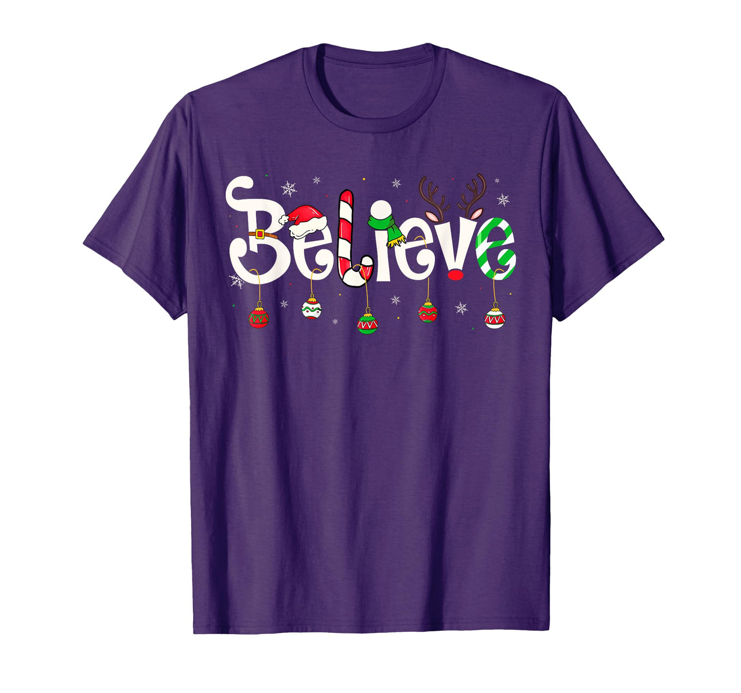 Merry Christmas Believe Santa Claus Reindeer Candy Cane Xmas T-Shirt